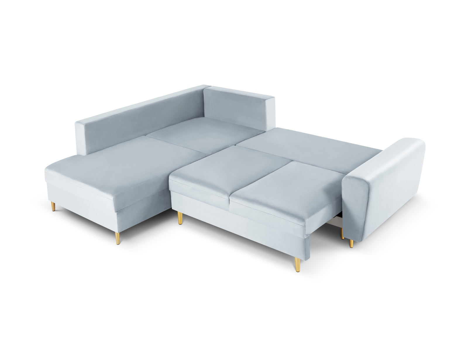 Elegantes 5-Sitzer Kyoto Velour Ecksofa links in zartem Hellblau, ausgestattet mit Schlaffunktion und praktischer Stauraumbox.