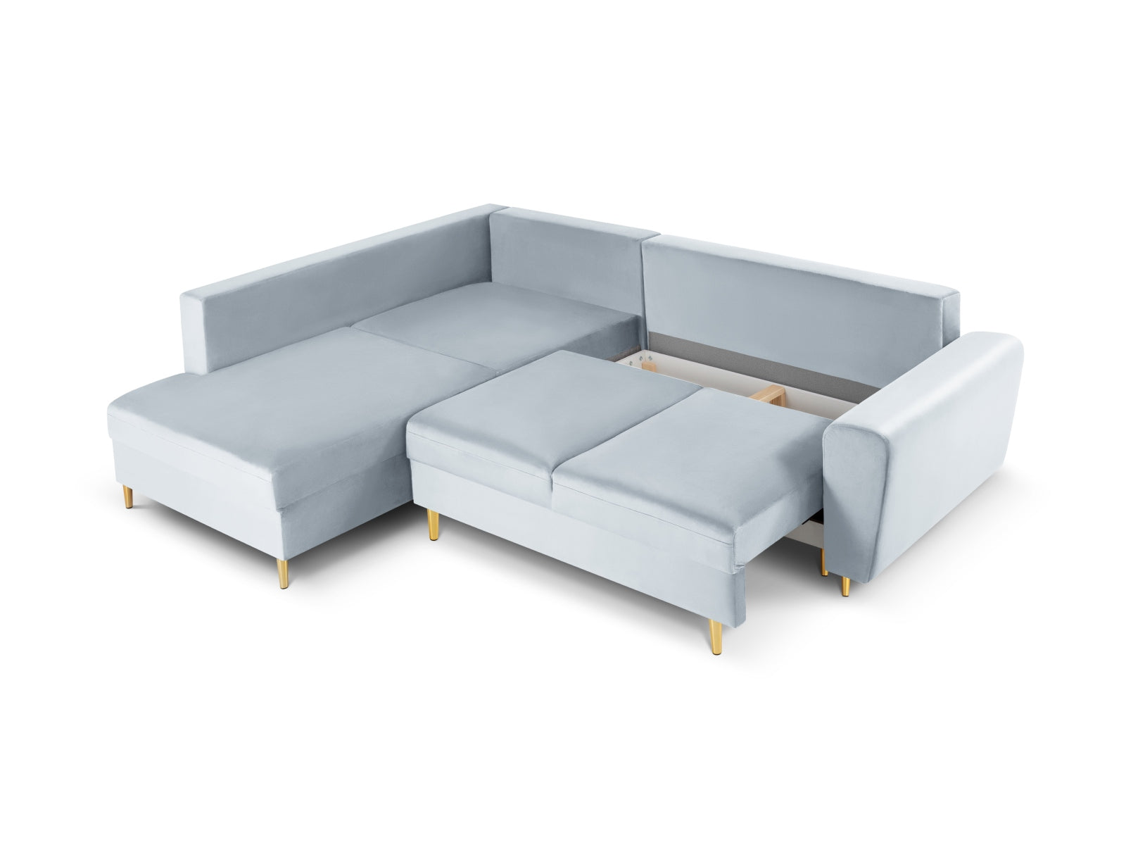 Stylisches Kyoto Velour Ecksofa links in sanftem Hellblau, ideal für Wohnräume, mit Schlaffunktion und integriertem Stauraum.
