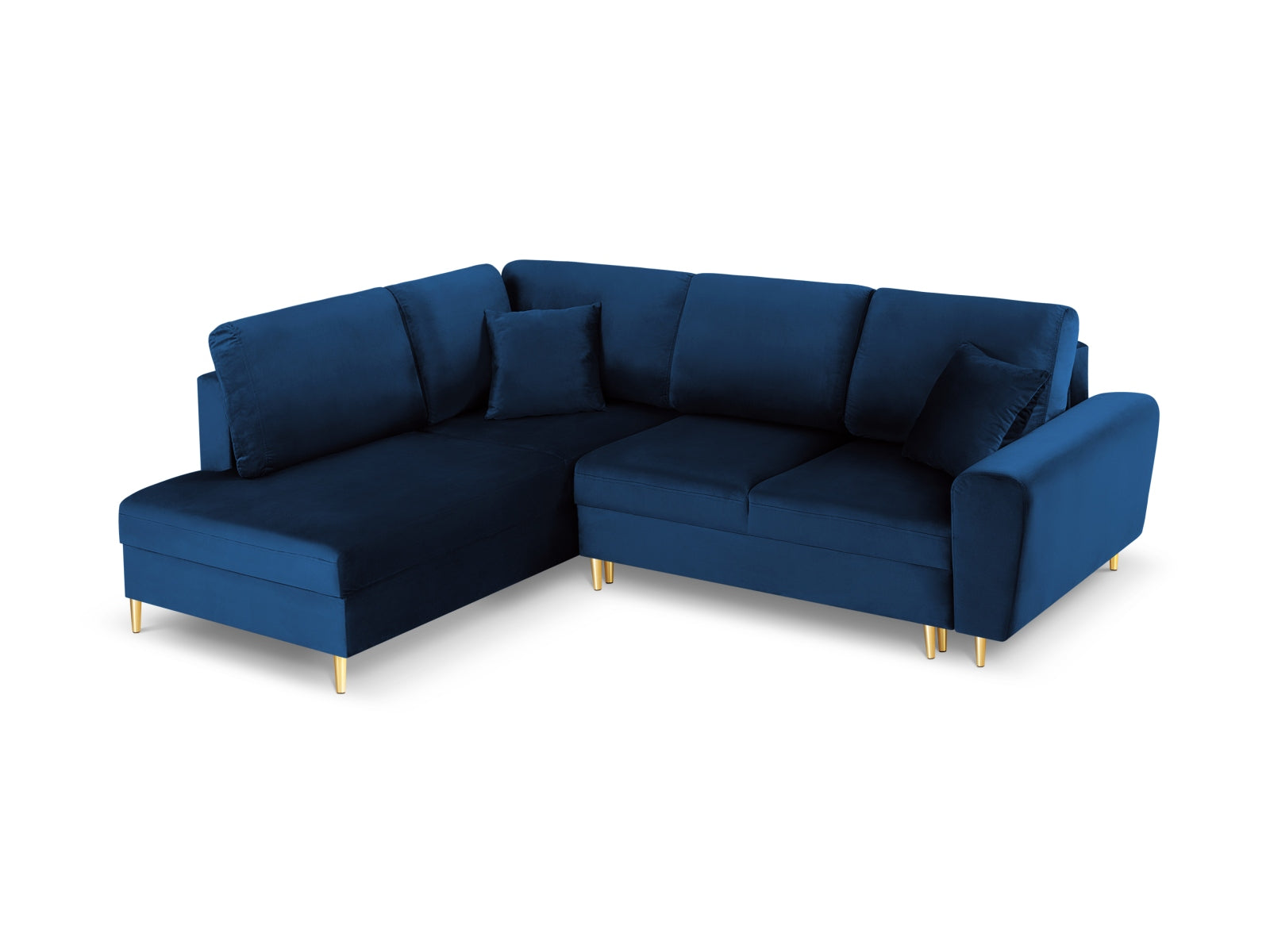 Kyoto Velour Ecksofa links mit Schlaffunktion und Stauraumbox 5 Sitzer 194cm in Royal Blue/Gold-Riviera präsentiert im Onlineshop von KAQTU Design AG. Bettsofa links ist von Cosmopolitan Design