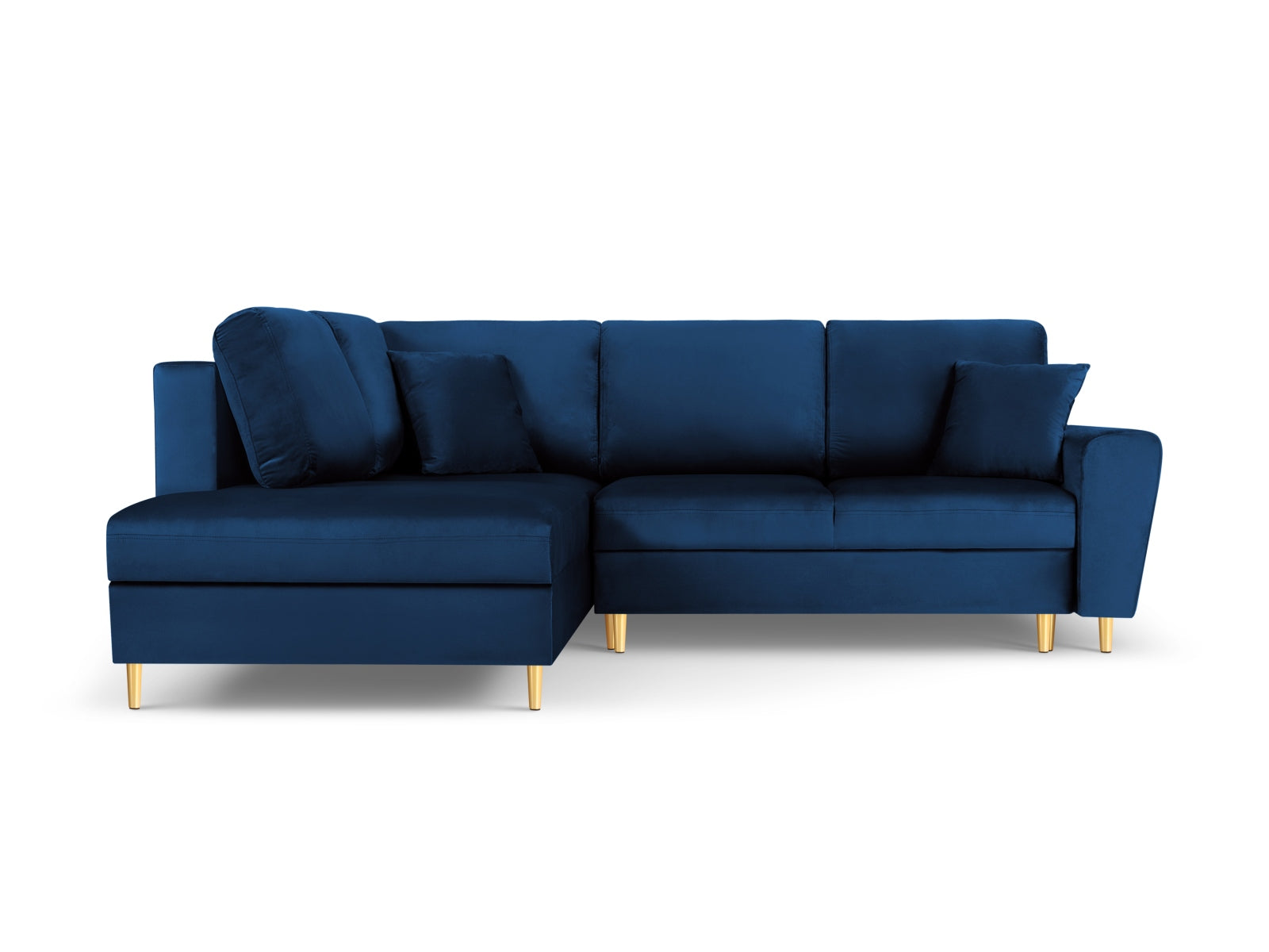 Elegantes Kyoto Velour Ecksofa in Royal Blue mit Schlaffunktion und Stauraum, ideal für stilvolle Wohnräume.