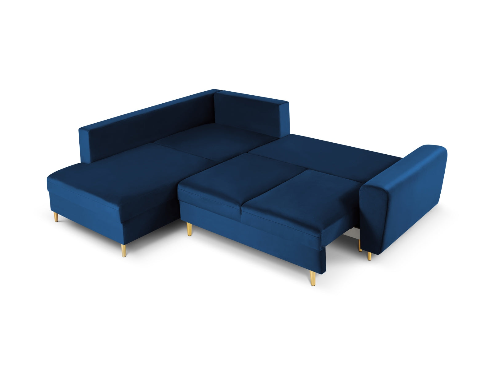Modernes Kyoto Velour Ecksofa in Royal Blue, linksseitig, 5-Sitzer mit praktischer Schlaffunktion und Stauraum für zusätzlichen Komfort.