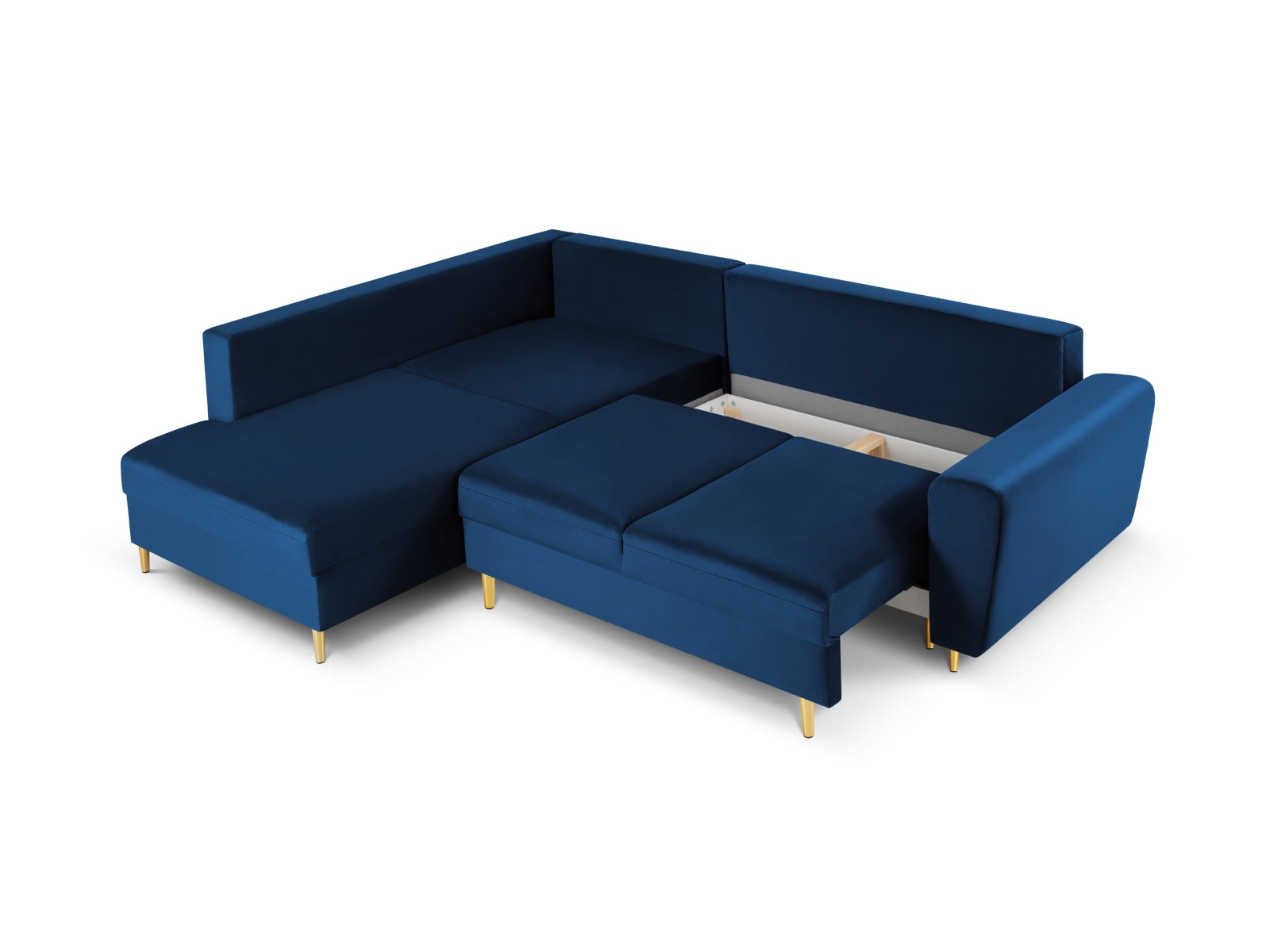 Elegantes Kyoto Velour Ecksofa in Royal Blue, linksseitig, 5-Sitzer mit integrierter Schlaffunktion und Stauraum für optimale Raumnutzung.