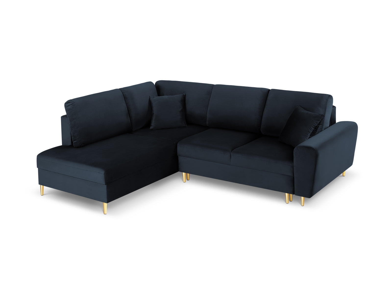 Kyoto Velour Ecksofa links mit Schlaffunktion und Stauraumbox 5 Sitzer 194cm in Dark Blue präsentiert im Onlineshop von KAQTU Design AG. Ecksofa links ist von Cosmopolitan Design