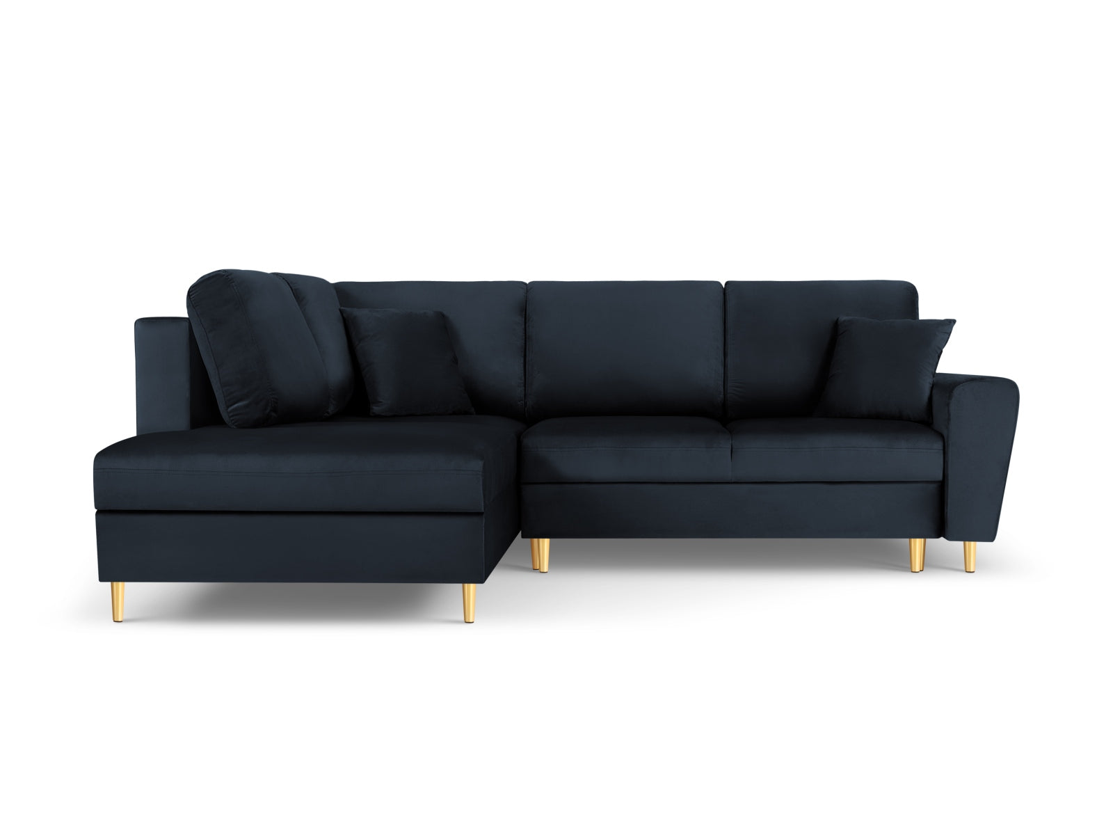 Elegantes Kyoto Velour Ecksofa links in Dunkelblau mit Schlaffunktion und Stauraum, ideal für stilvolle Wohnräume.