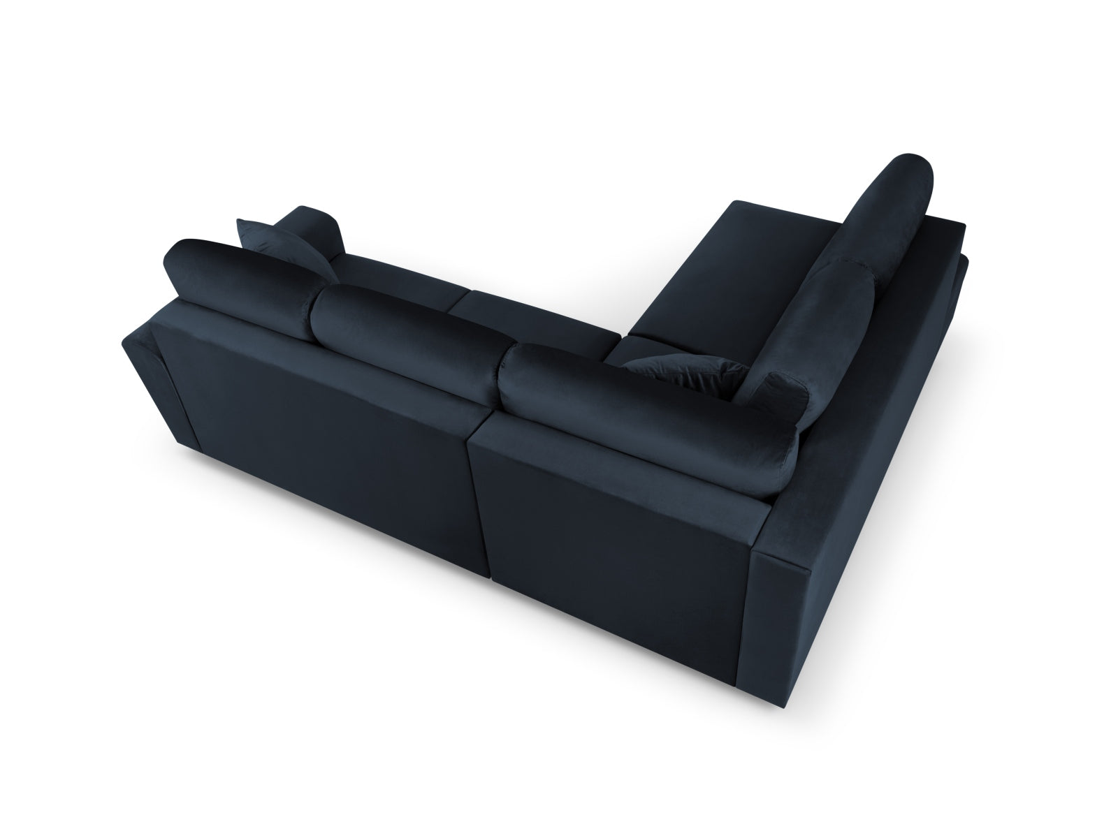 Modernes 5-Sitzer Kyoto Velour Ecksofa links in tiefem Blau, ausgestattet mit Schlaffunktion und praktischer Stauraumbox für zusätzlichen Komfort.