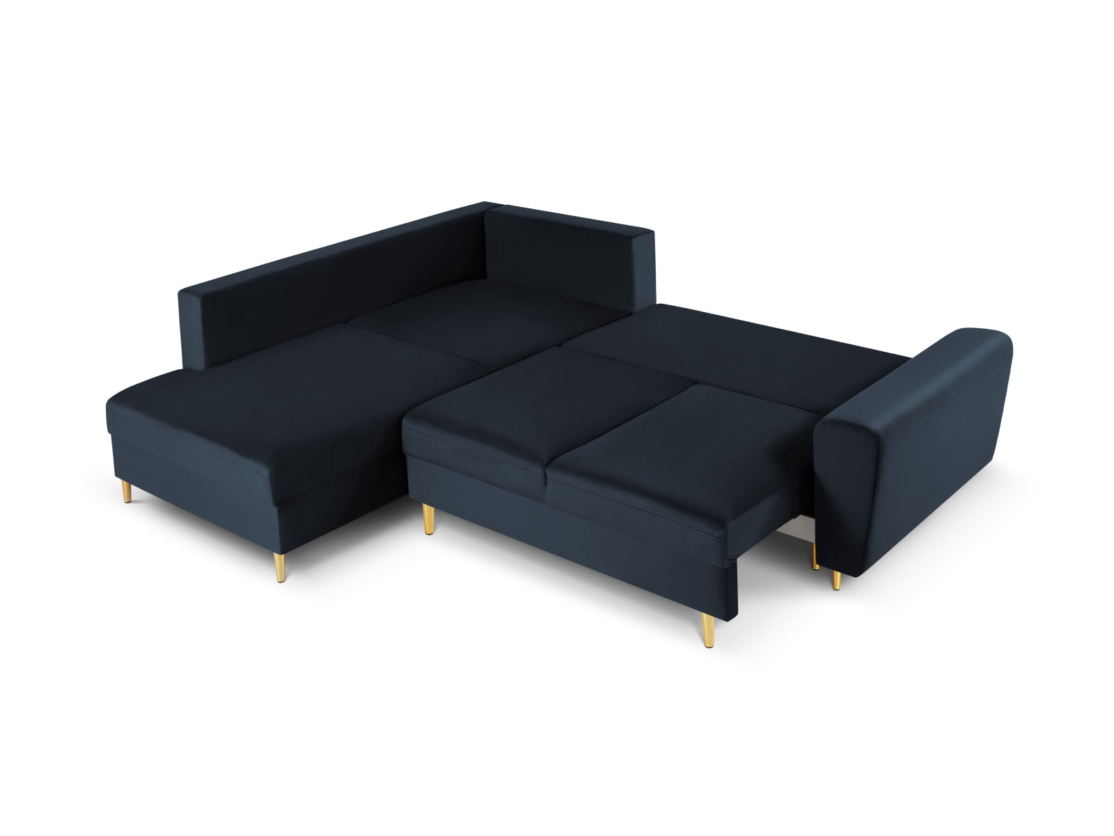 Elegantes Kyoto Velour Ecksofa links in stilvollem Blau, 5-Sitzer mit Schlaffunktion und Stauraum für optimale Raumnutzung.