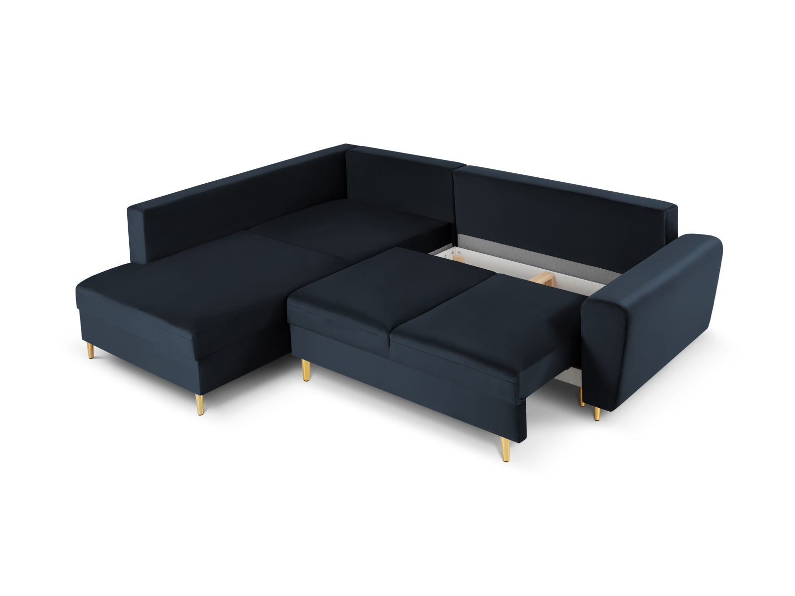 Modernes Kyoto Velour Ecksofa links in ansprechendem Blau, 5-Sitzer mit praktischer Schlaffunktion und integriertem Stauraum.