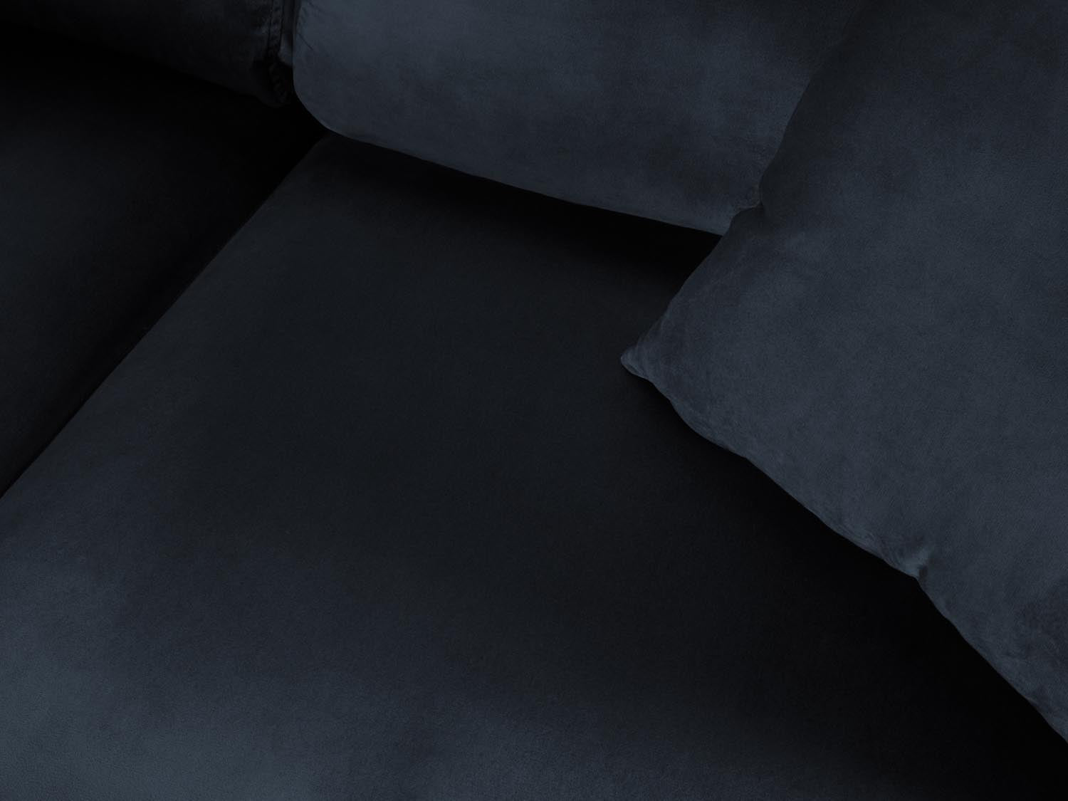 Stylisches Kyoto Velour Ecksofa links in elegantem Blau, 5-Sitzer mit komfortabler Schlaffunktion und cleverem Stauraum für mehr Ordnung.