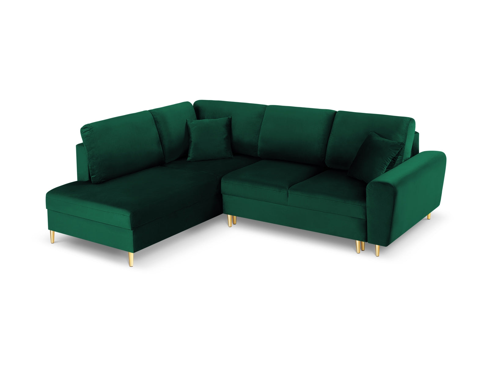 Kyoto Velour Ecksofa links mit Schlaffunktion und Stauraumbox 5 Sitzer 194cm in Bottle Green/Gold-Riviera präsentiert im Onlineshop von KAQTU Design AG. Bettsofa links ist von Cosmopolitan Design
