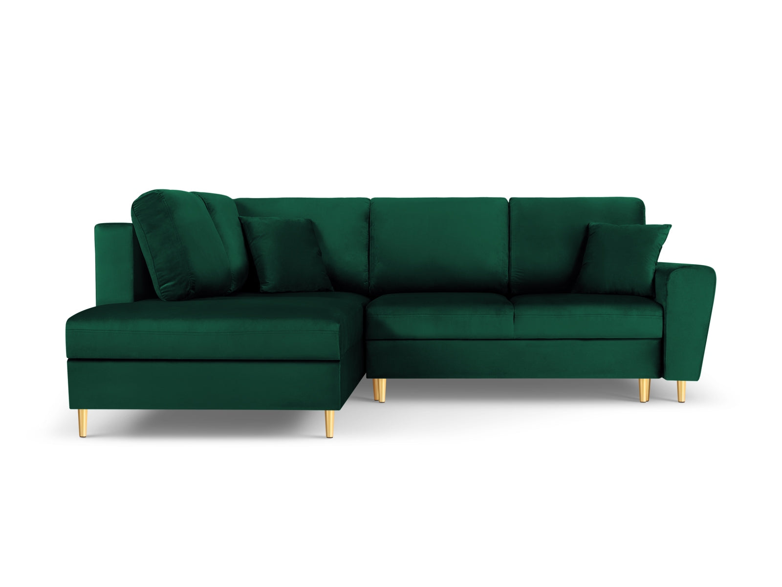 Elegantes Kyoto Velour Ecksofa in Bottle Green mit Schlaffunktion und Stauraum, ideal für stilvolle Wohnräume.