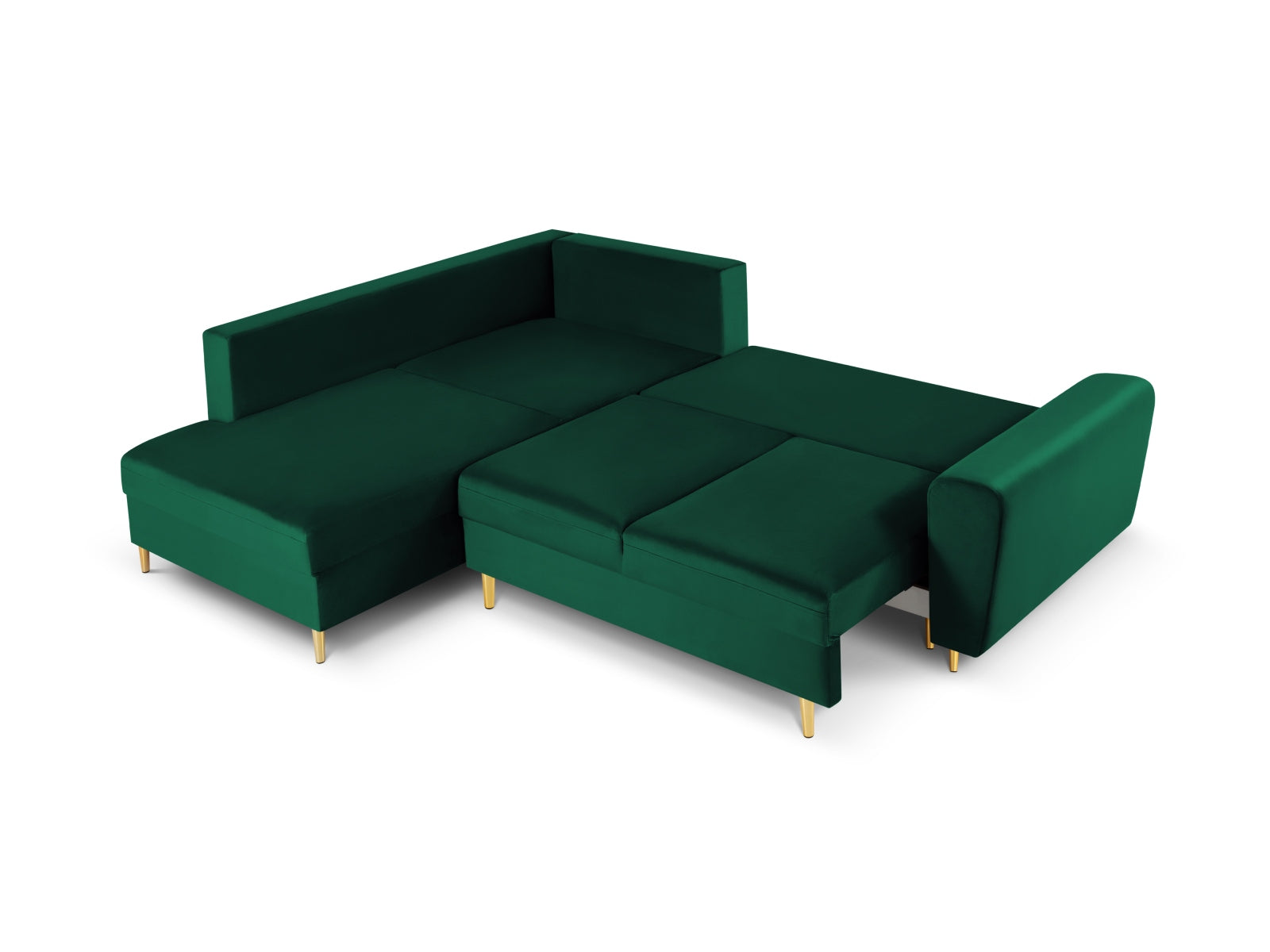 Modernes Kyoto Velour Ecksofa in Flaschengrün, 5-Sitzer mit praktischer Schlaffunktion und Stauraum, perfekt für gemütliche Abende.