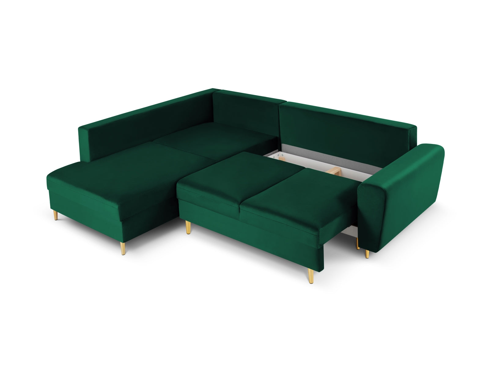 Elegantes Kyoto Velour Ecksofa in tiefem Grün, 5-Sitzer mit Schlaffunktion und Stauraum, ideal für stilvolle Wohnräume.