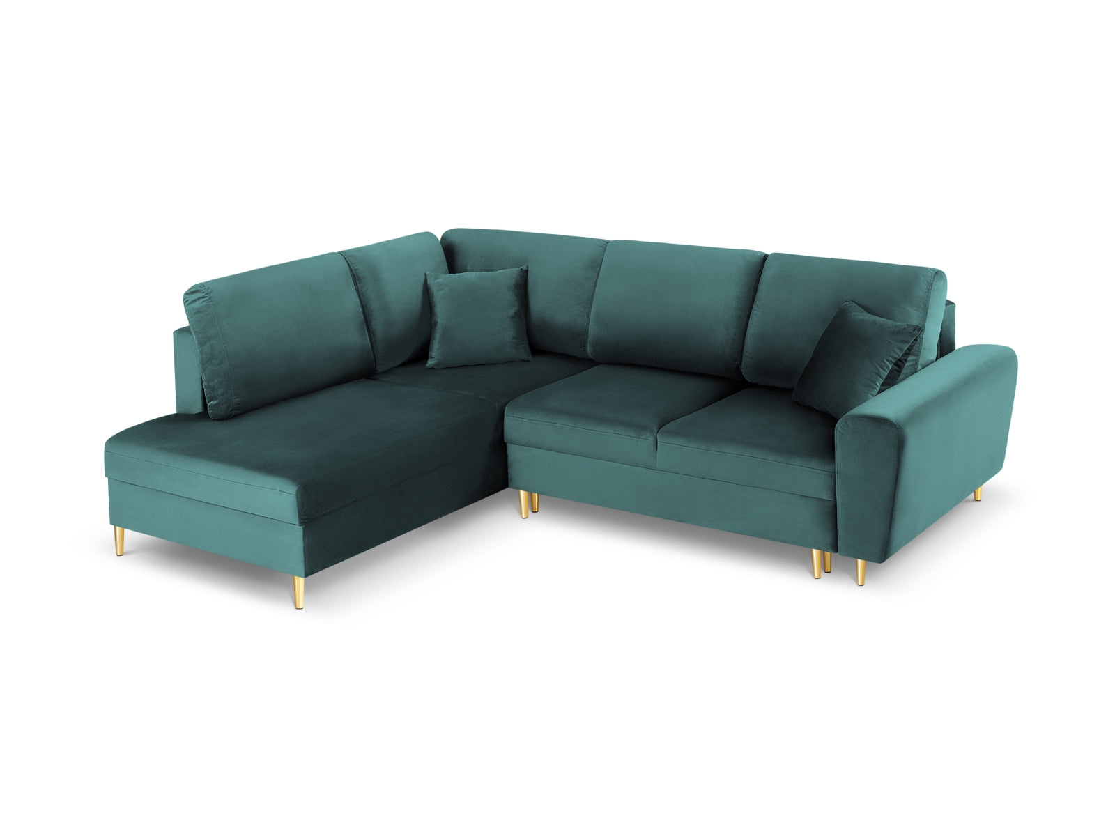 Kyoto Velour Ecksofa links mit Schlaffunktion und Stauraumbox 5 Sitzer 194cm in Petrol/Gold-Riviera präsentiert im Onlineshop von KAQTU Design AG. Bettsofa links ist von Cosmopolitan Design