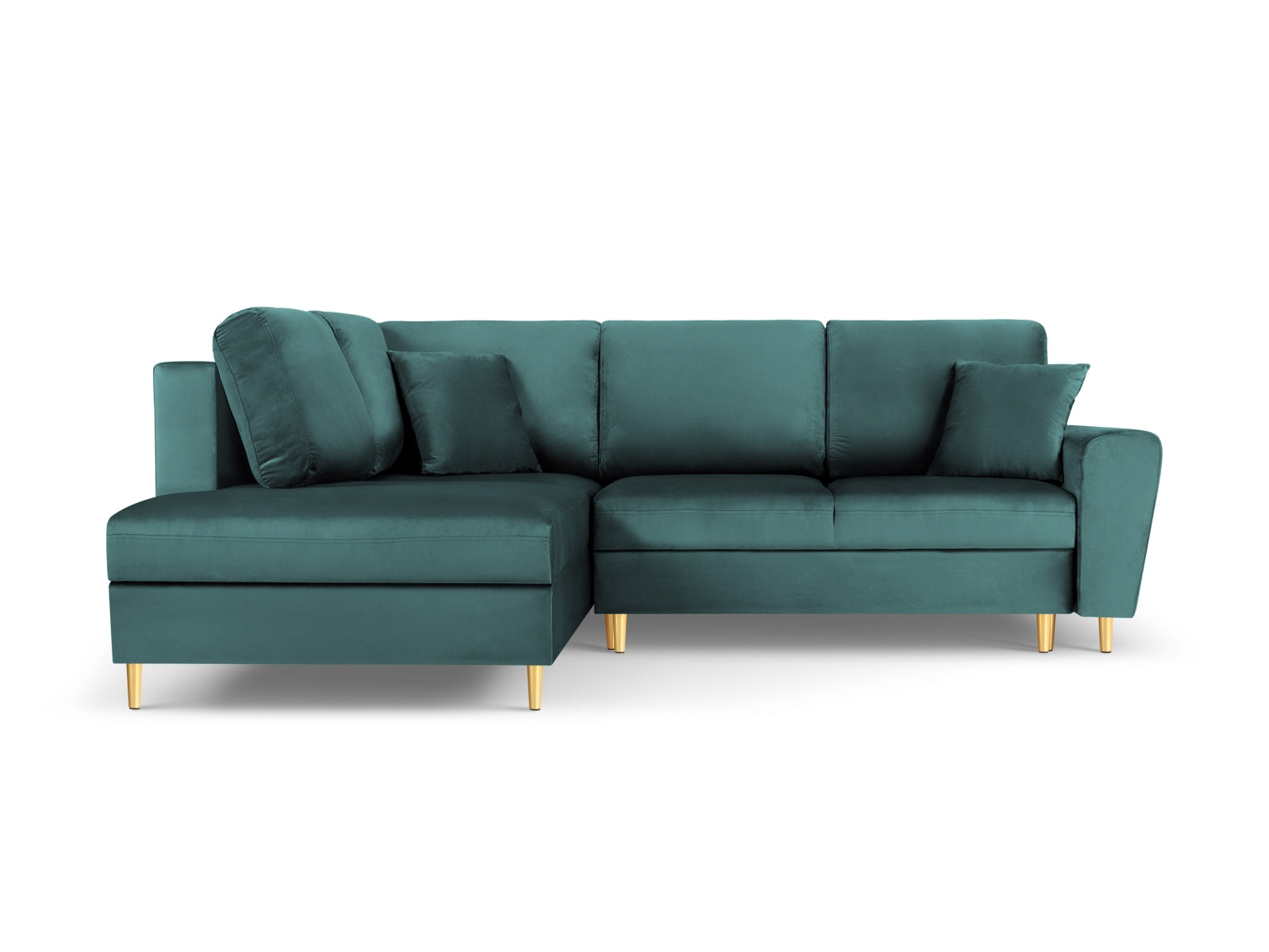 Stylisches Kyoto Velour Ecksofa links in Petrol/Gold-Riviera, 5-Sitzer mit Schlaffunktion und Stauraum, ideal für modernes Wohnen.