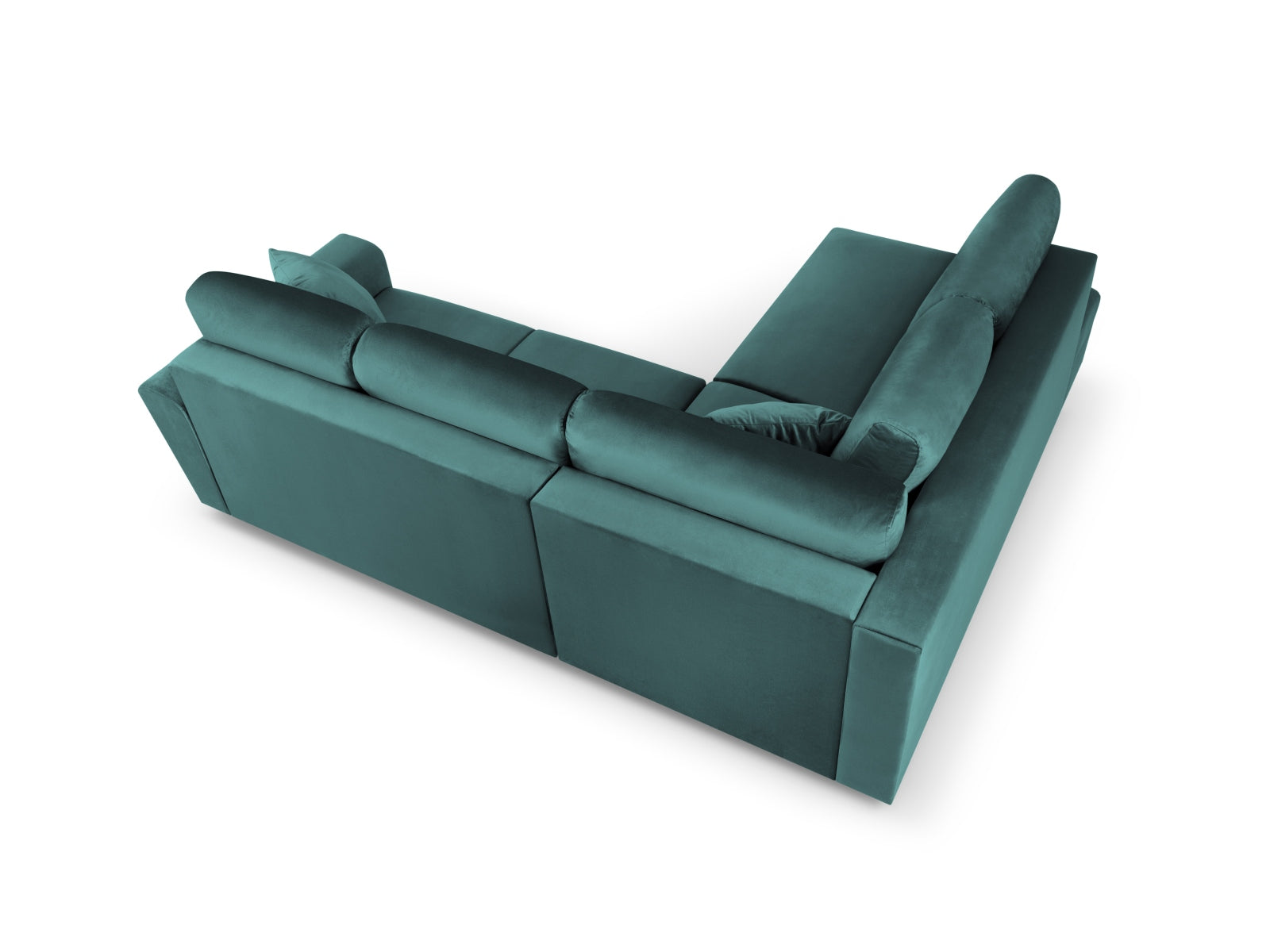 Elegantes Kyoto Velour Ecksofa links in Petrol mit goldenen Akzenten, 5-Sitzer, bietet Schlaffunktion und praktischen Stauraum für Ihr Zuhause.