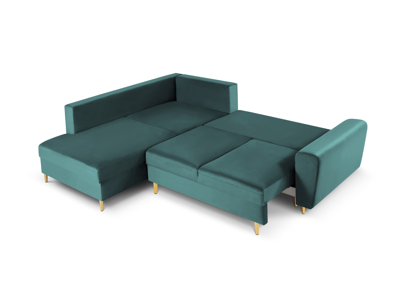 Stylisches Kyoto Velour Ecksofa links in Petrol, 5-Sitzer mit Schlaffunktion und Stauraum, ideal für moderne Wohnräume.