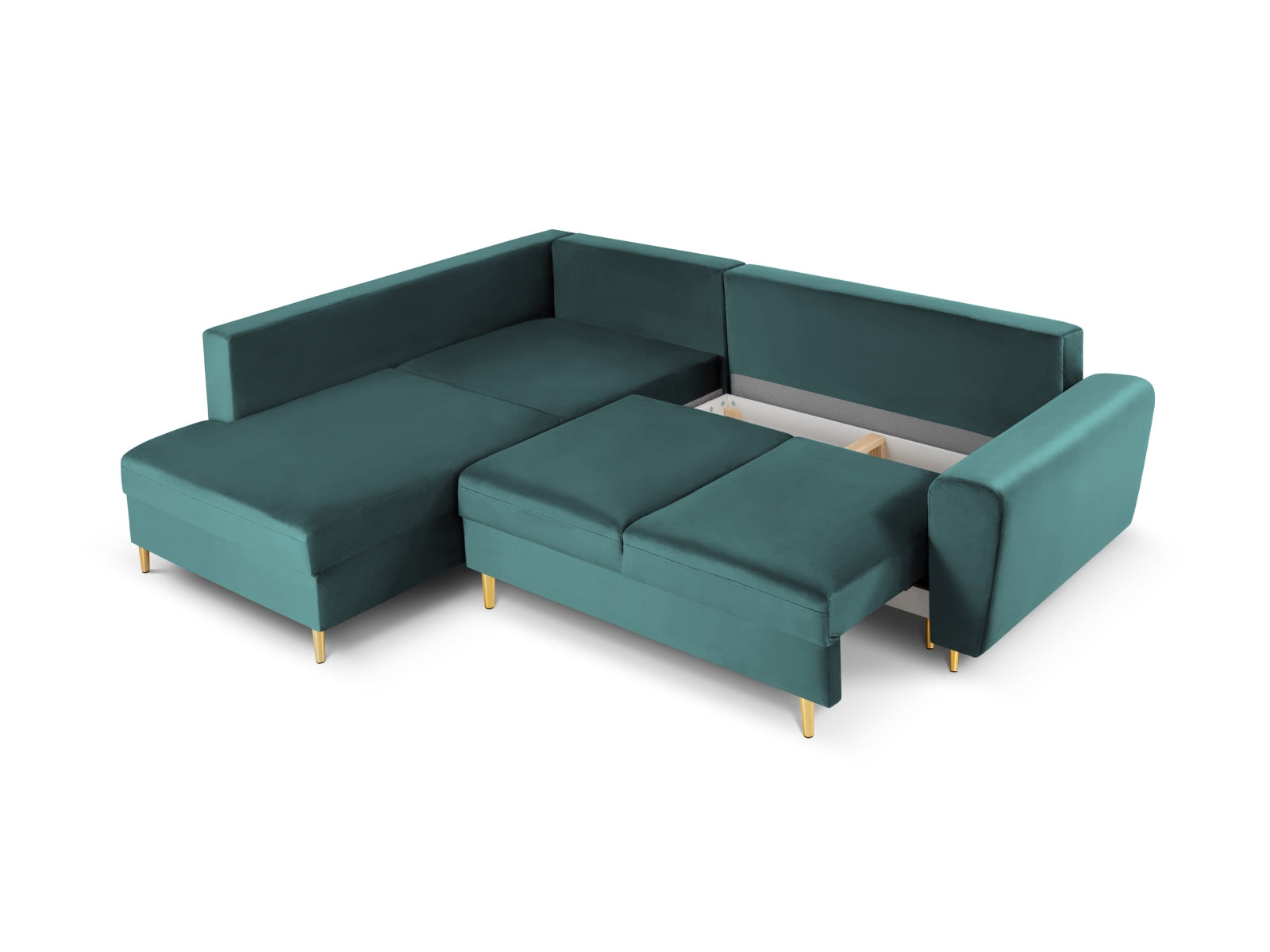 Elegantes Kyoto Velour Ecksofa links in Petrol, 5-Sitzer mit praktischer Schlaffunktion und Stauraum, perfekt für stilvolle Wohnzimmer.