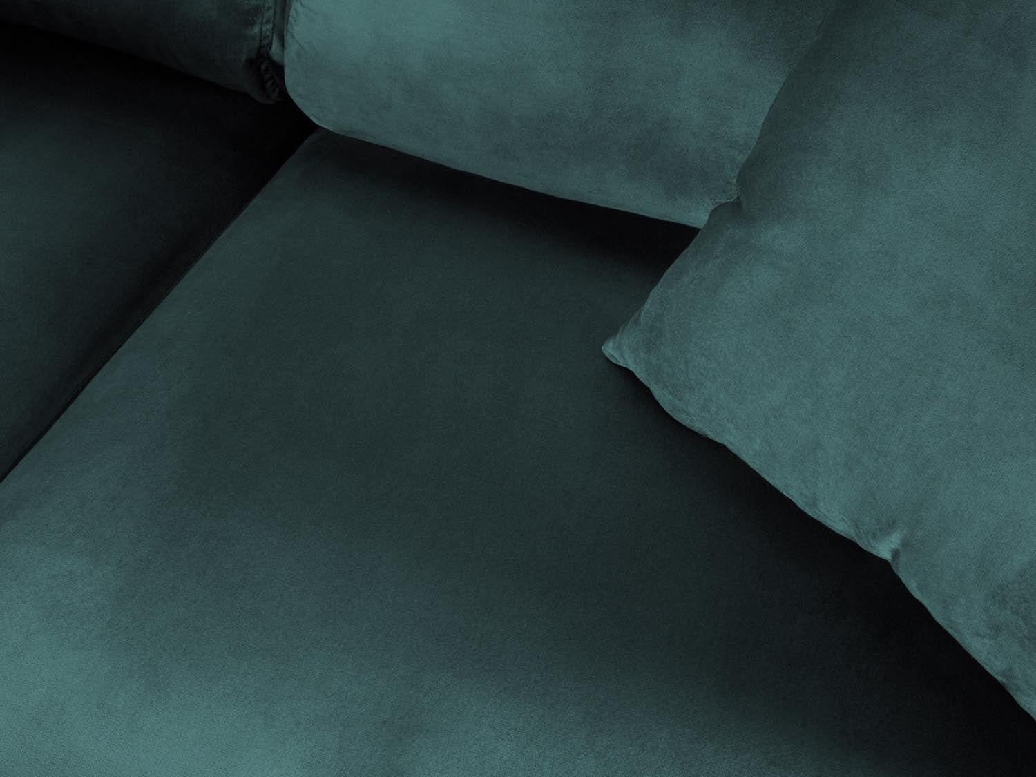 Stylisches Kyoto Velour Ecksofa links in Petrol, 5-Sitzer mit komfortabler Schlaffunktion und integriertem Stauraum für moderne Wohnräume.