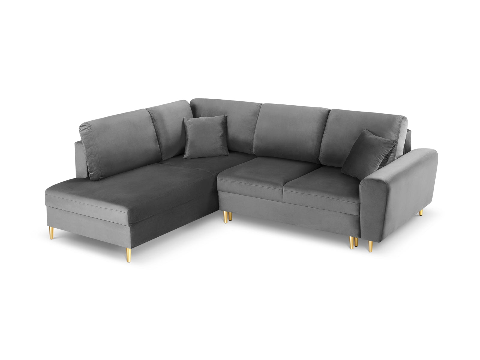 Kyoto Velour Ecksofa links mit Schlaffunktion und Stauraumbox 5 Sitzer 194cm in Light Grey/Gold-Riviera präsentiert im Onlineshop von KAQTU Design AG. Bettsofa links ist von Cosmopolitan Design
