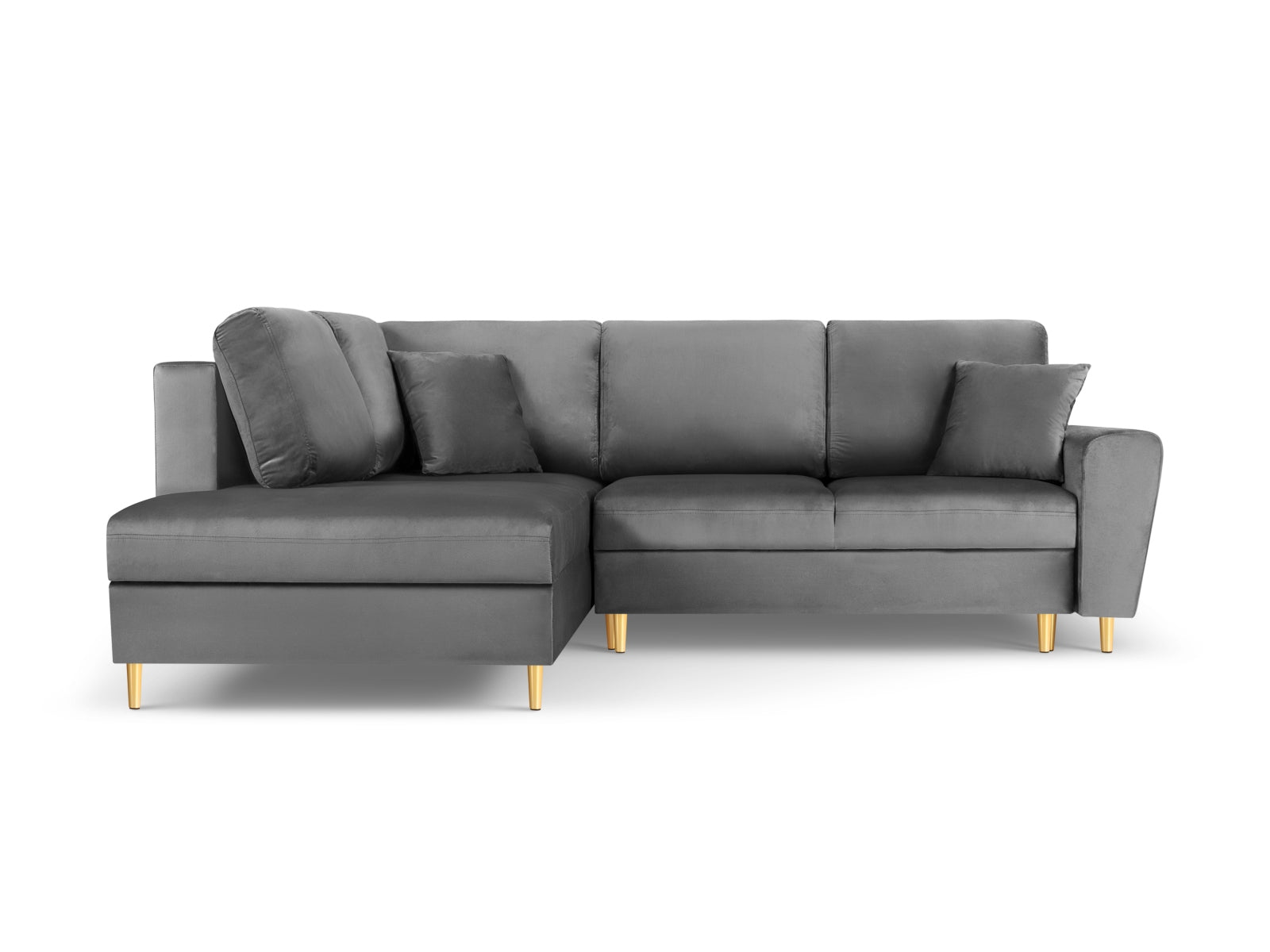 Stylisches Kyoto Velour Ecksofa links in Light Grey/Gold-Riviera, 5 Sitzer mit Schlaffunktion und Stauraum, ideal für moderne Wohnräume.