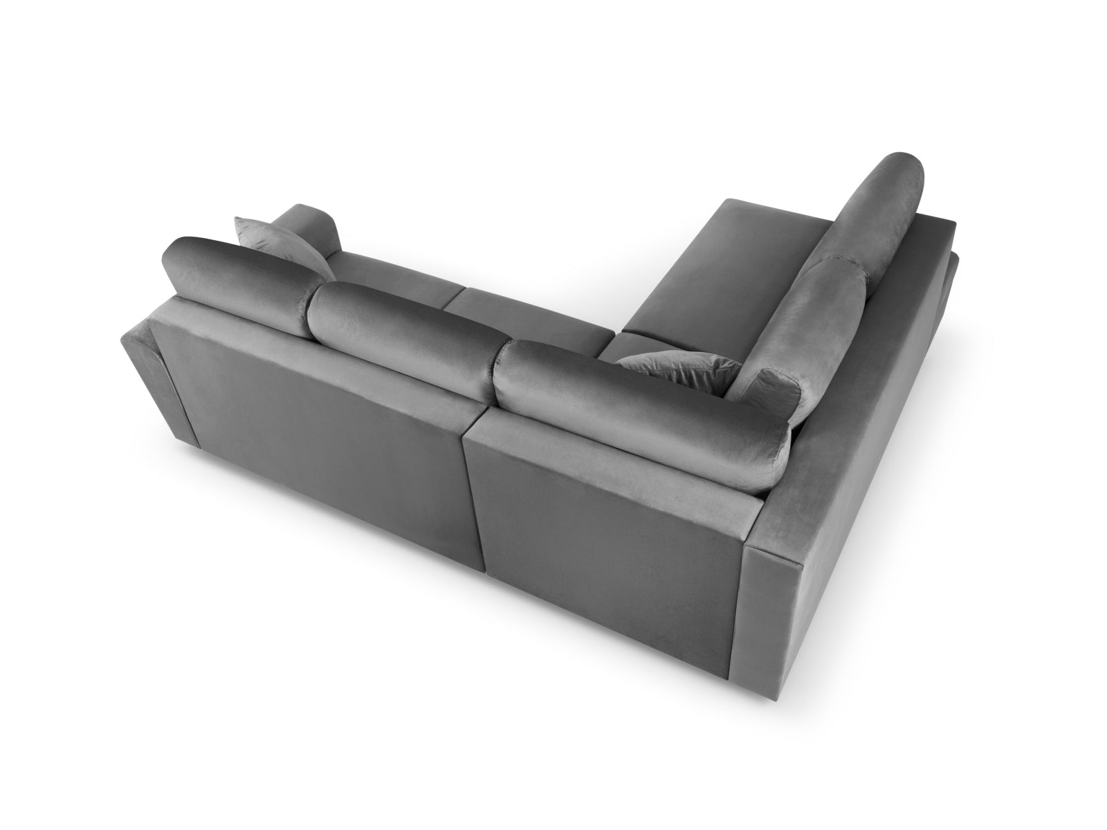 Elegantes Kyoto Velour Ecksofa links in sanften Grautönen, 5 Sitzer mit praktischer Schlaffunktion und Stauraum, perfekt für stilvolle Wohnzimmer.