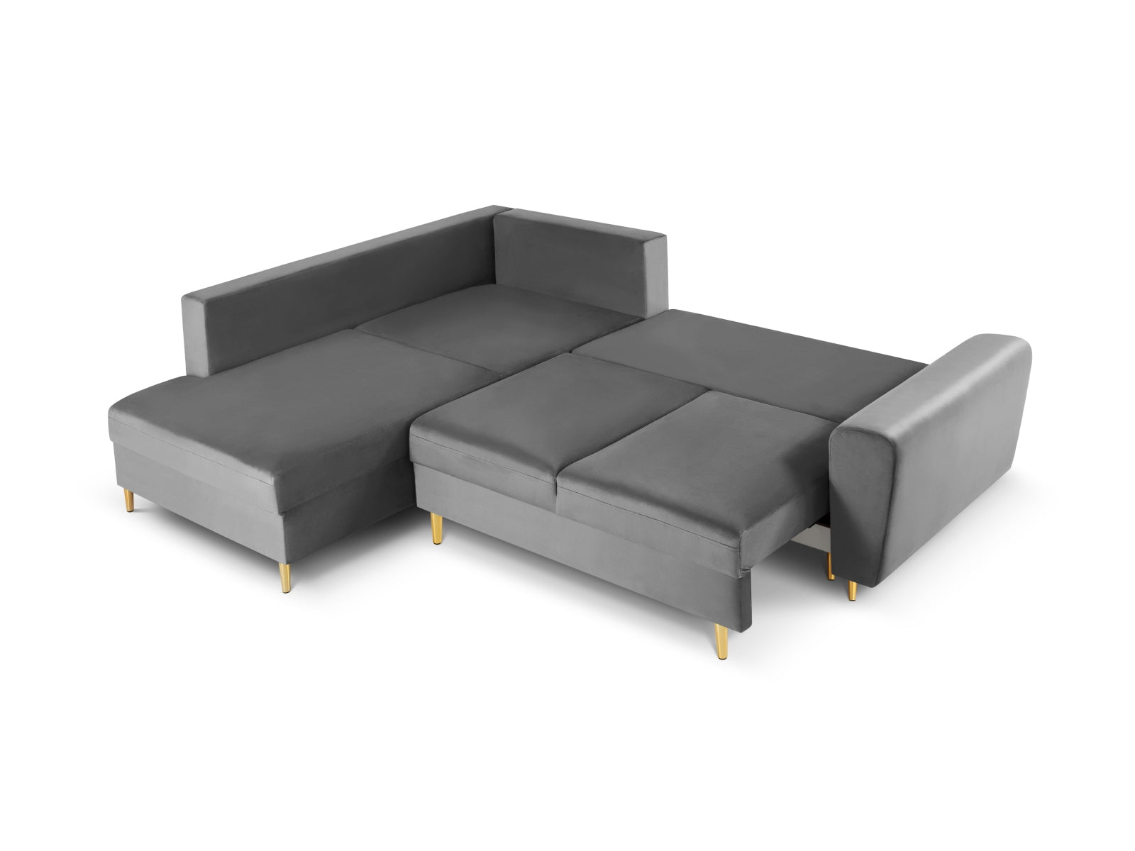 Modernes Kyoto Velour Ecksofa links in dezenten Grautönen, 5 Sitzer mit integrierter Schlaffunktion und Stauraum, ideal für gemütliche Wohnräume.
