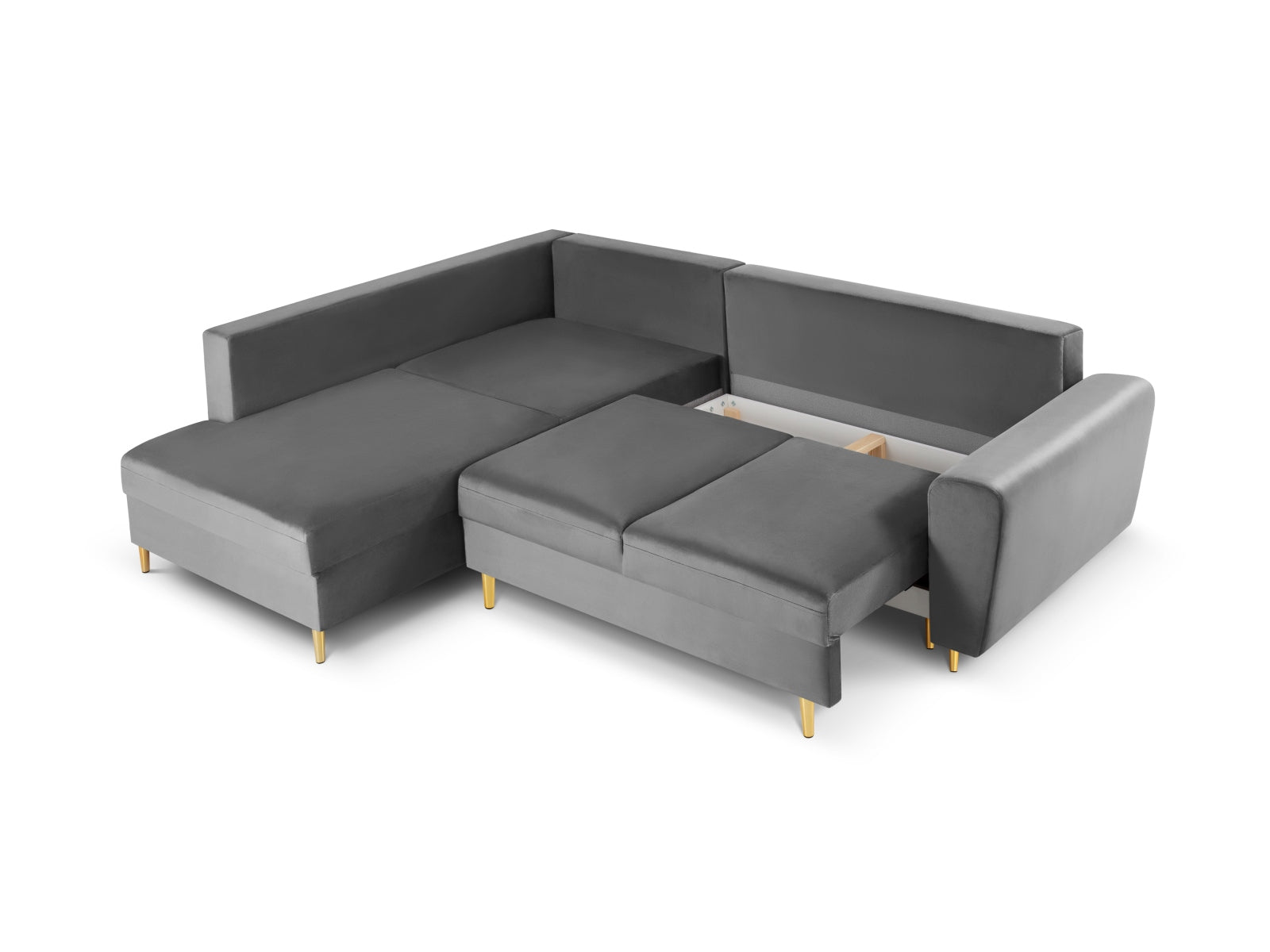 Stylisches Kyoto Velour Ecksofa links in eleganten Grautönen, 5 Sitzer mit praktischer Schlaffunktion und Stauraum, perfekt für entspannte Abende.