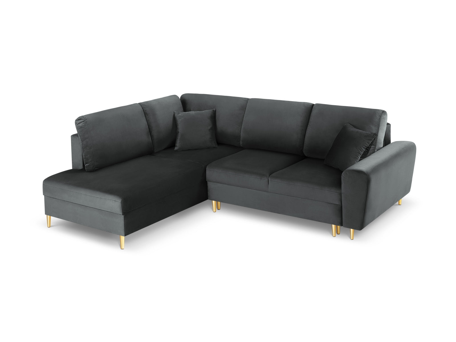 Kyoto Velour Ecksofa links mit Schlaffunktion und Stauraumbox 5 Sitzer 194cm in Dark Grey/Gold-Riviera präsentiert im Onlineshop von KAQTU Design AG. Bettsofa links ist von Cosmopolitan Design