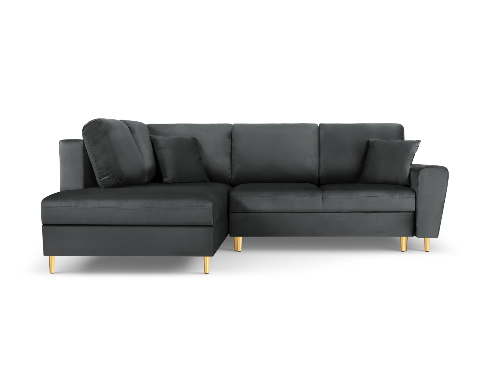 Stylisches Kyoto Velour Ecksofa links in Dunkelgrau mit Schlaffunktion und Stauraum, ideal für moderne Wohnräume.