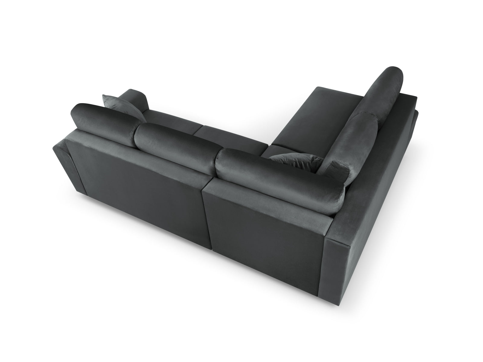 Elegantes 5-Sitzer Kyoto Velour Ecksofa links in Dunkelgrau, ausgestattet mit Schlaffunktion und praktischer Stauraumbox für zusätzlichen Komfort.