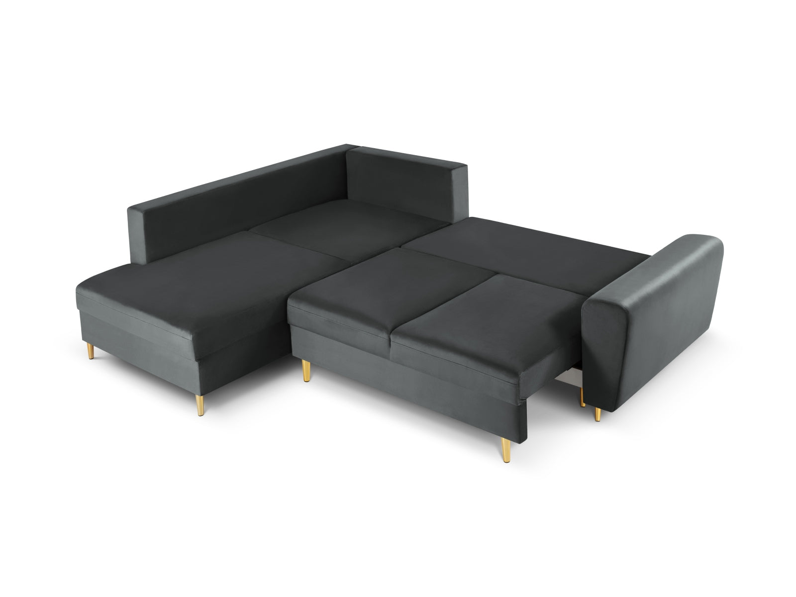 Stylisches Kyoto Velour Ecksofa links in Dunkelgrau, ideal für Wohnräume, bietet Schlaffunktion und Stauraum für mehr Flexibilität.