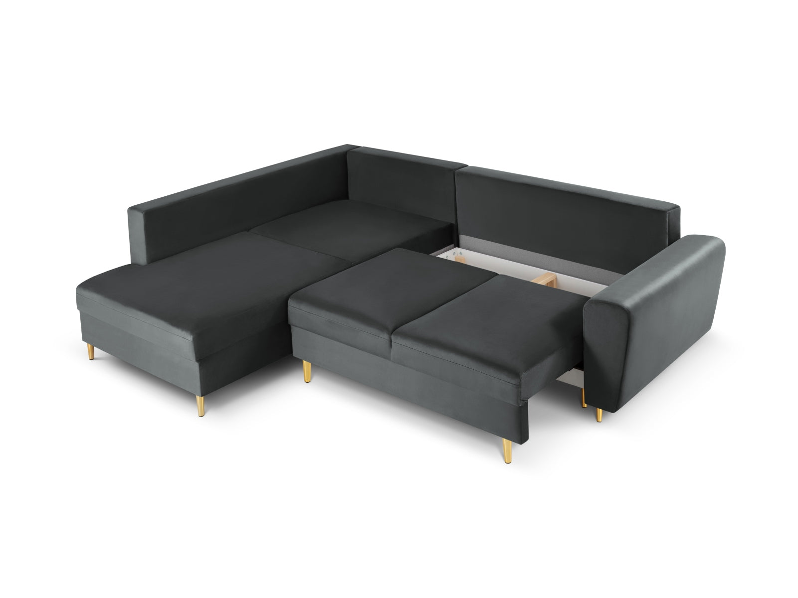 Elegantes Kyoto Velour Ecksofa links in Dunkelgrau, 5-Sitzer mit praktischer Schlaffunktion und Stauraum, perfekt für moderne Wohnkonzepte.
