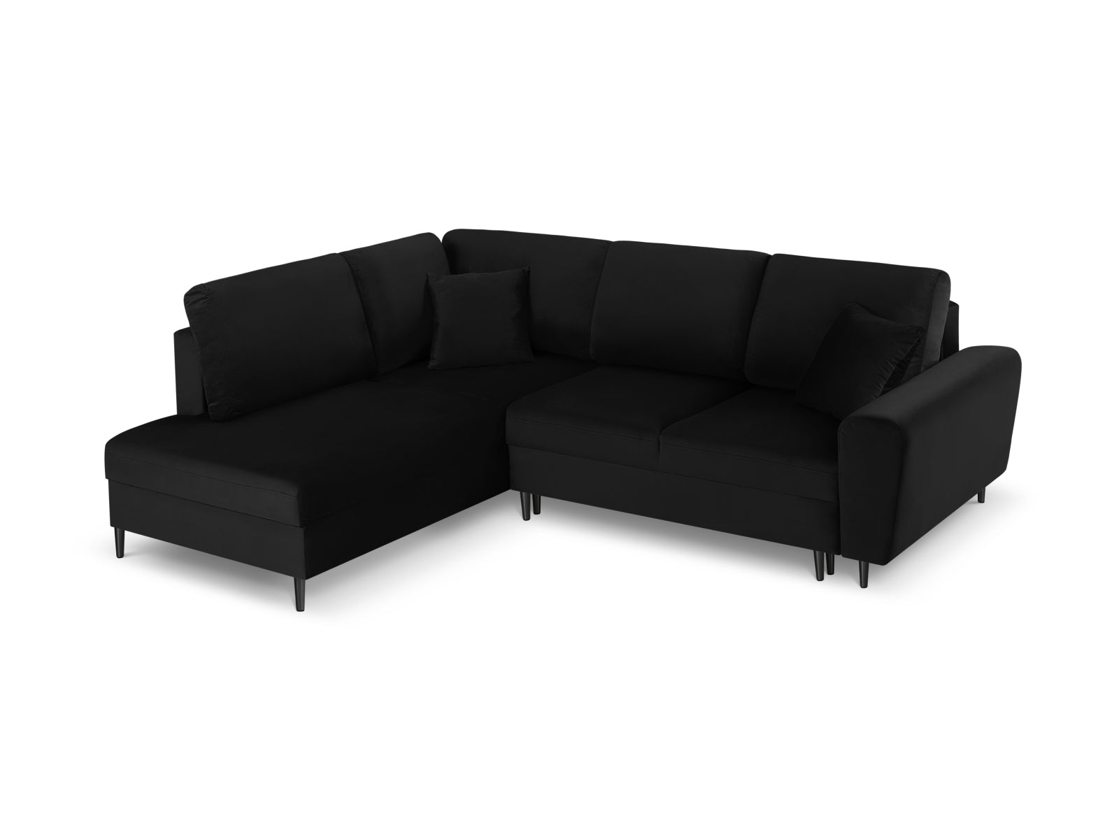 Kyoto Velour Ecksofa links mit Schlaffunktion und Stauraumbox 5 Sitzer 194cm in Black/Schwarz Metall-Riviera präsentiert im Onlineshop von KAQTU Design AG. Bettsofa links ist von Cosmopolitan Design