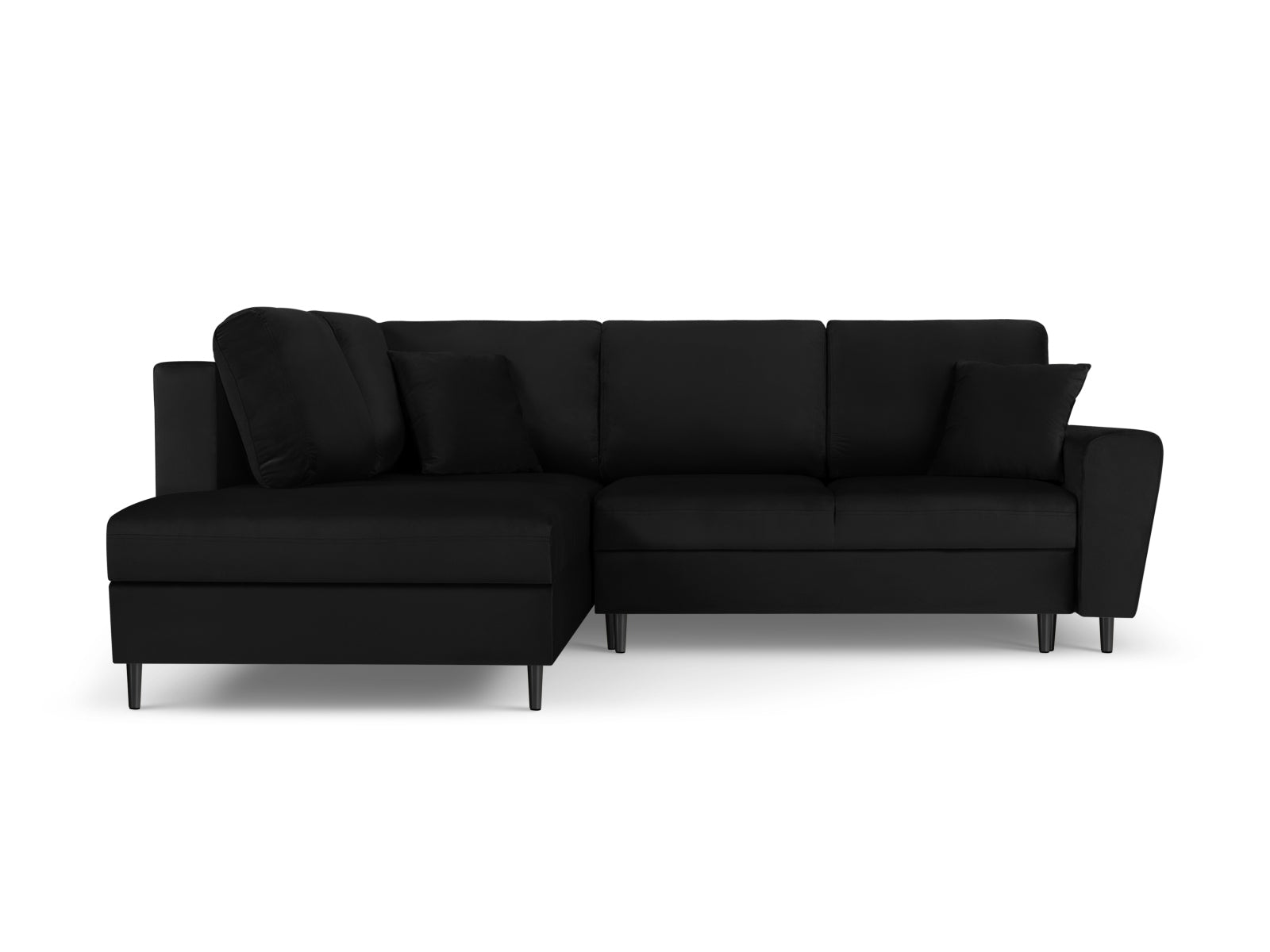 Elegantes Kyoto Velour Ecksofa links in Schwarz, 5-Sitzer mit Schlaffunktion und Stauraum, ideal für stilvolle Wohnräume.