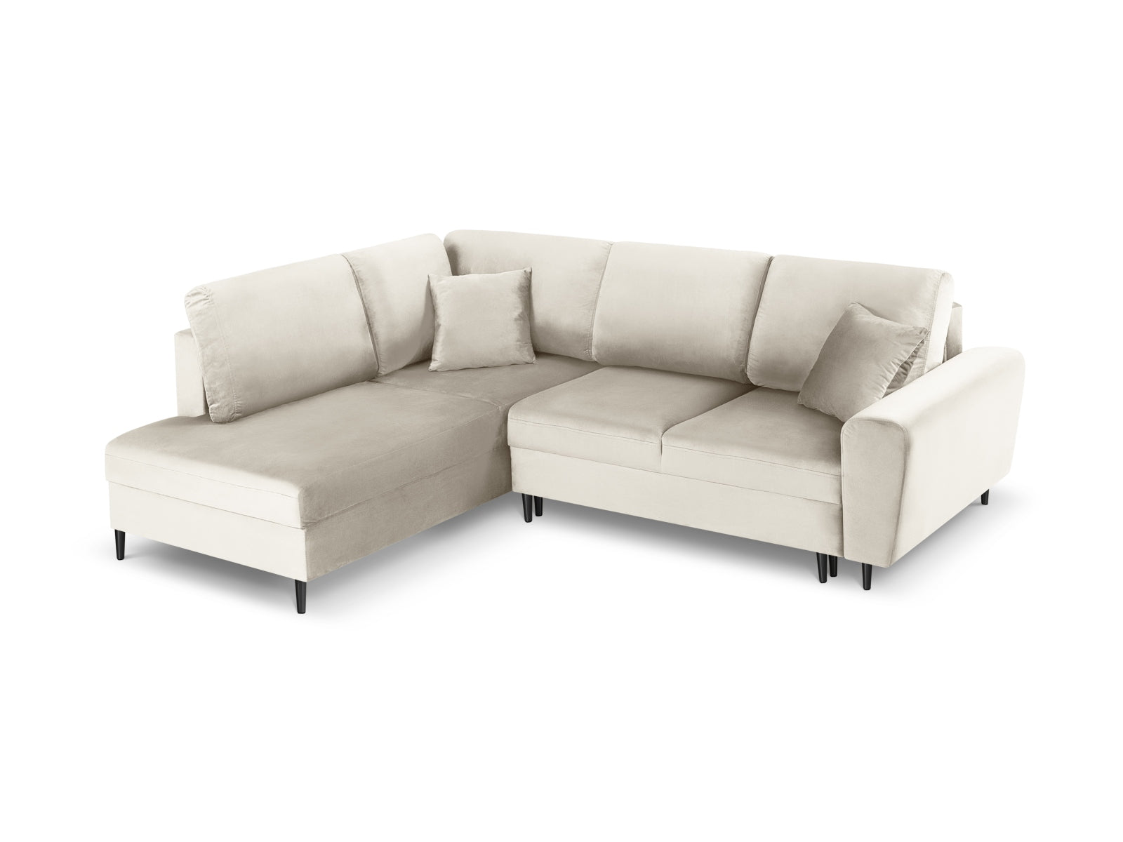 Kyoto Velour Ecksofa links mit Schlaffunktion und Stauraumbox 5 Sitzer 194cm in Light Beige/Schwarz Metall-Riviera präsentiert im Onlineshop von KAQTU Design AG. Bettsofa links ist von Cosmopolitan Design