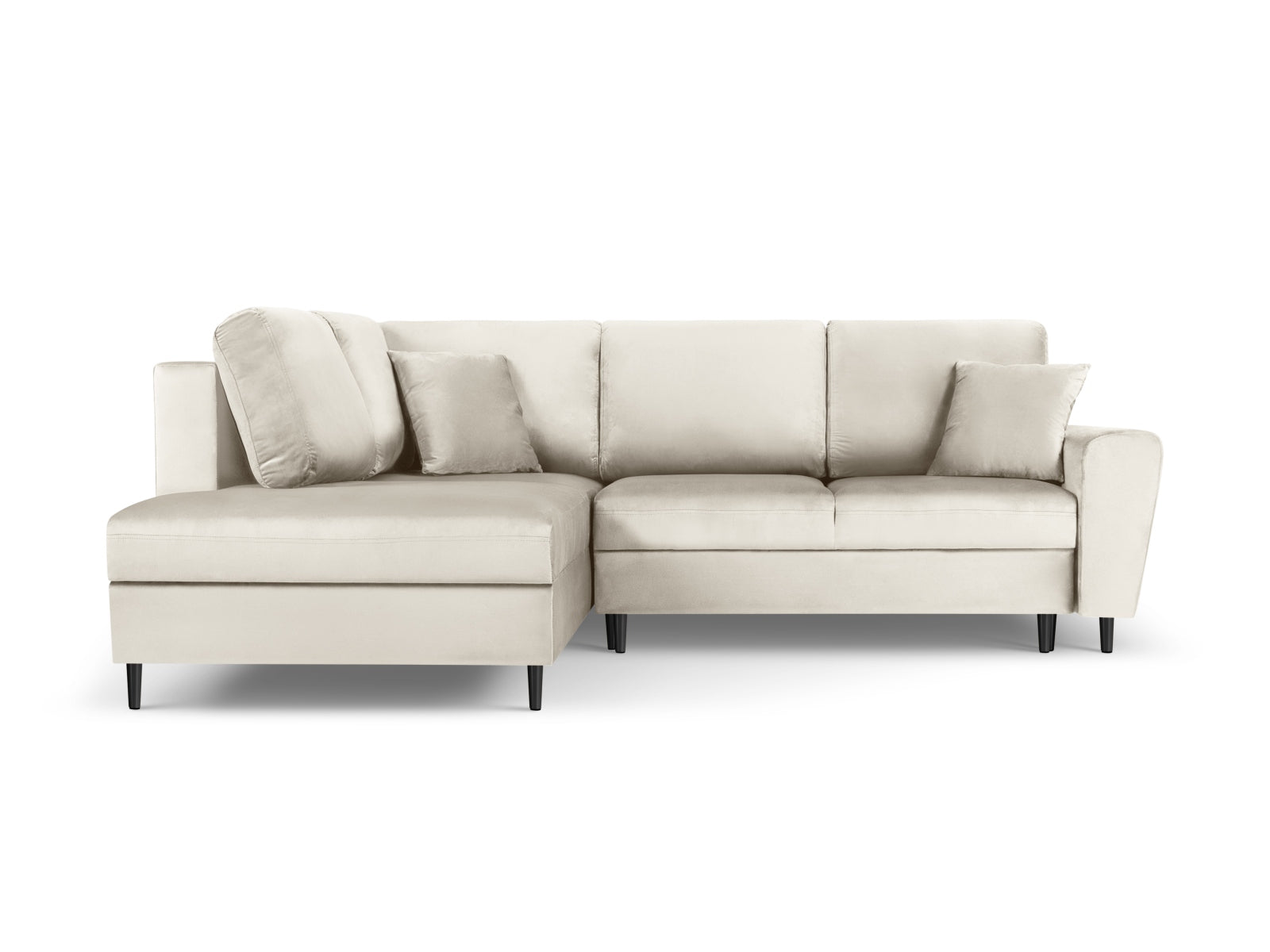 Stylisches Kyoto Velour Ecksofa links in Light Beige mit Schlaffunktion und Stauraum, ideal für moderne Wohnräume.