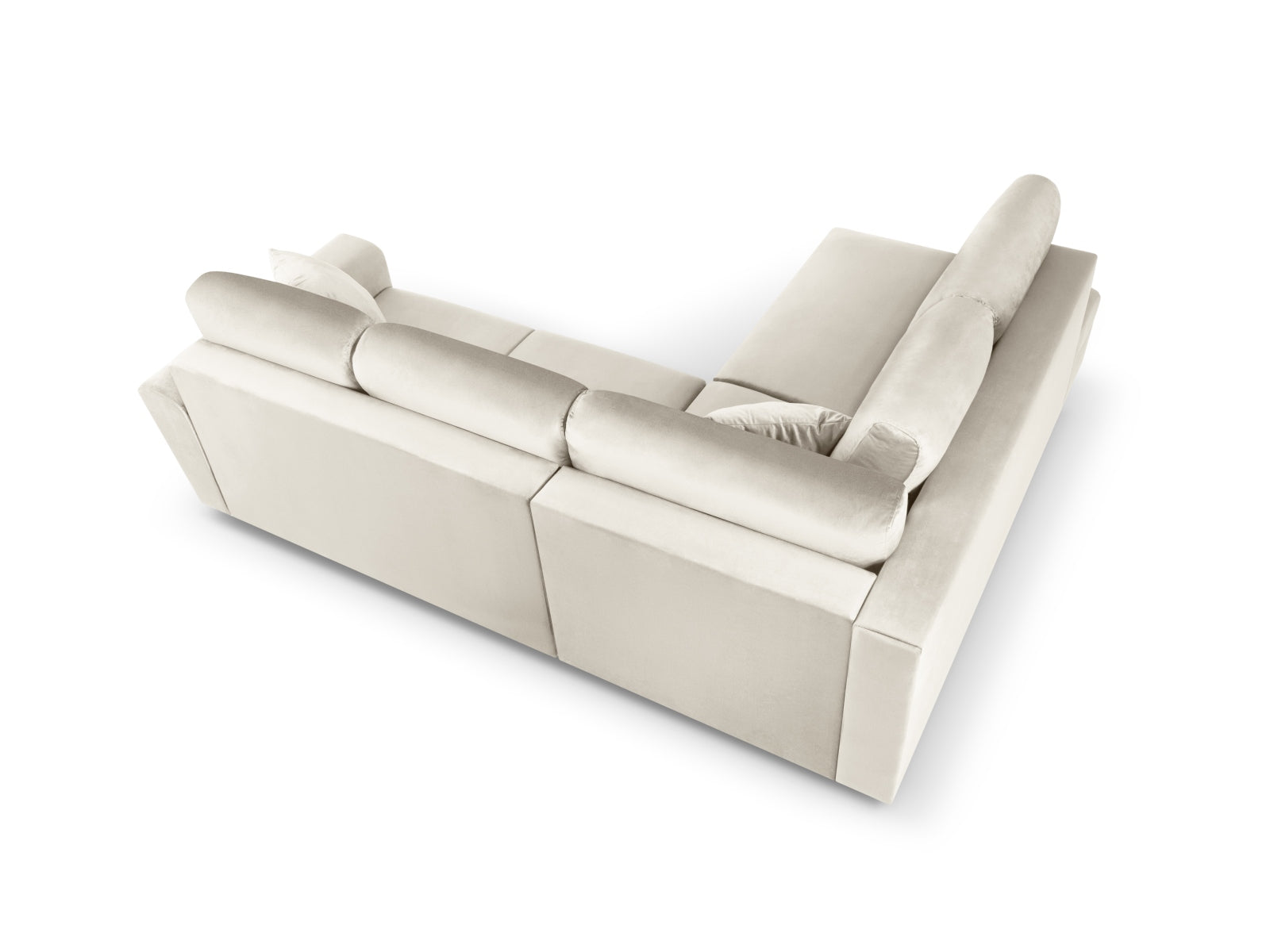 Elegantes 5-Sitzer Kyoto Velour Ecksofa links in hellem Beige, ausgestattet mit Schlaffunktion und praktischer Stauraumbox für zusätzlichen Komfort.