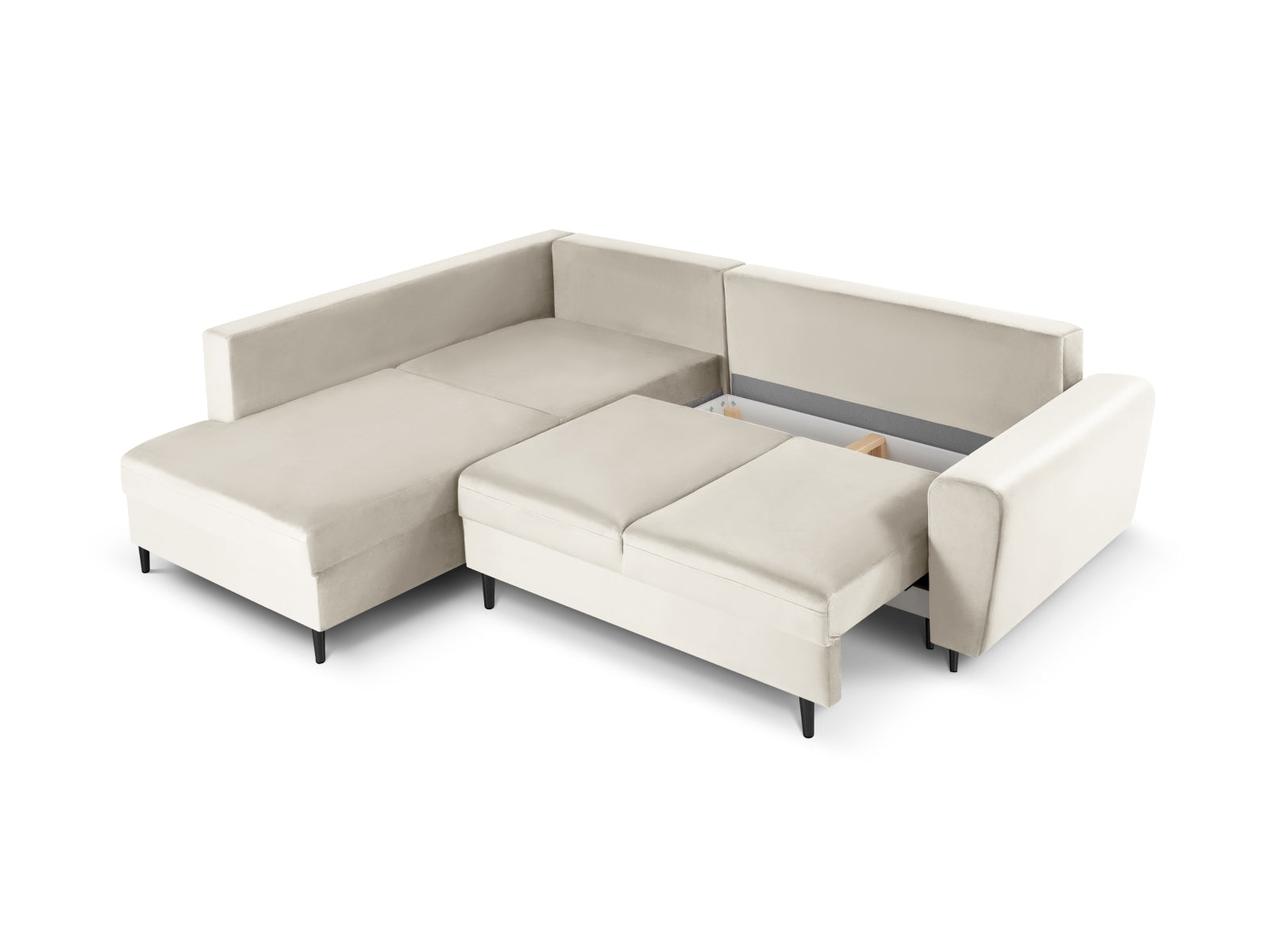 Elegantes Kyoto Velour Ecksofa links in hellem Beige, 5-Sitzer mit praktischer Schlaffunktion und Stauraum, perfekt für gemütliche Wohnbereiche.