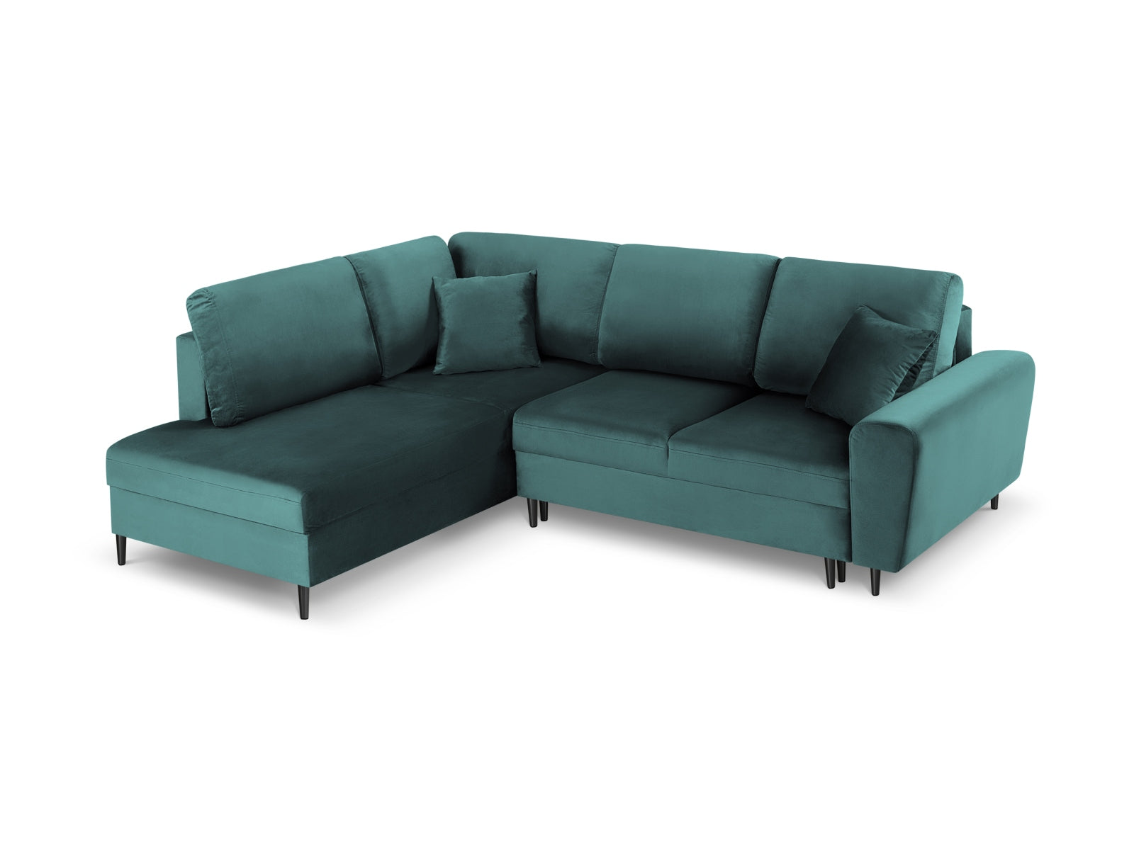Modernes Kyoto Velour Ecksofa links, 5-Sitzer mit praktischer Schlaffunktion und Stauraum, perfekt für gemütliche Abende und Gäste.