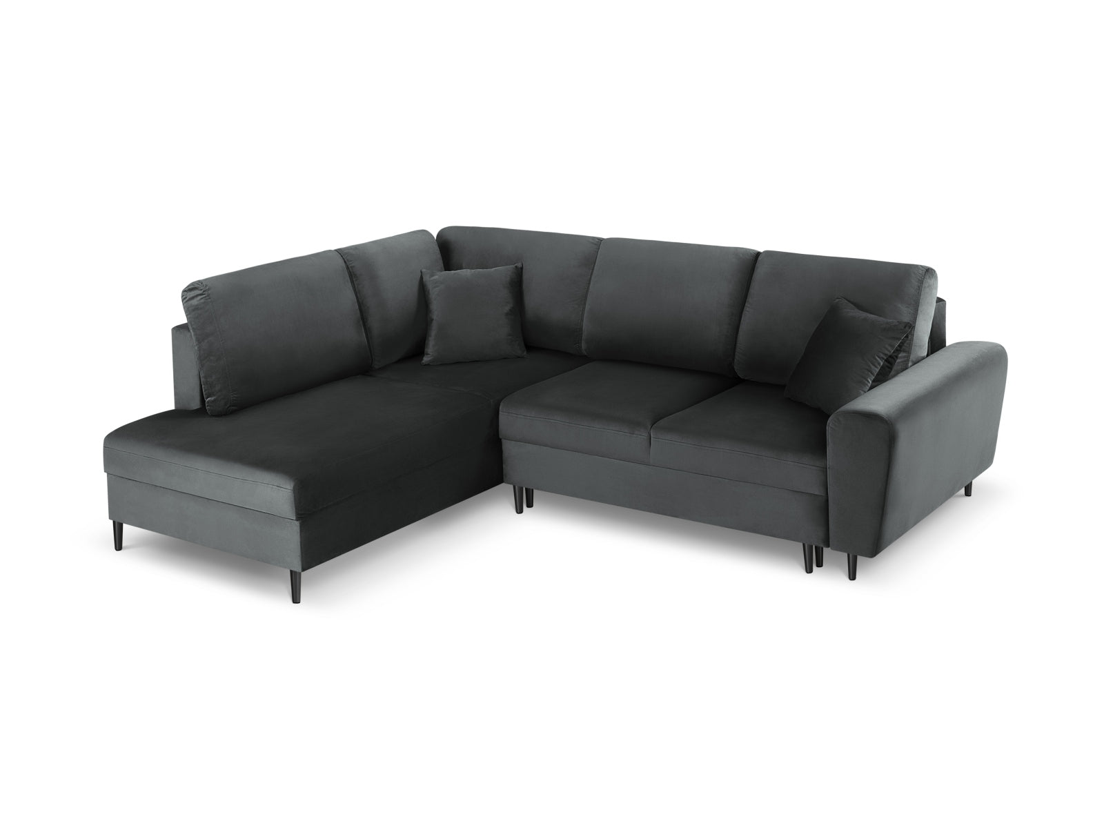 Elegantes Kyoto Velour Ecksofa links, 5-Sitzer mit praktischer Schlaffunktion und Stauraum, perfekt für modernes Wohnen und Gäste.