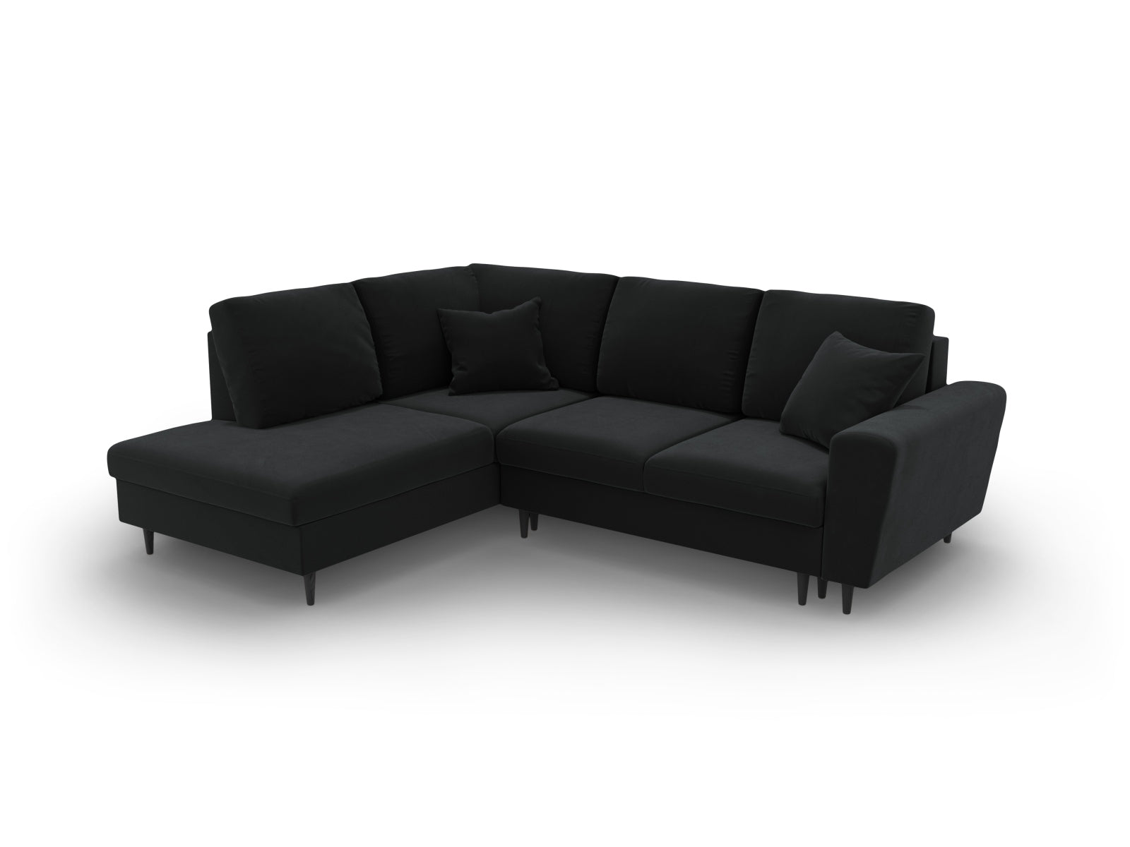 Elegantes schwarzes Ecksofa Kyoto aus Velours, linksseitig, 5-Sitzer mit praktischer Schlaffunktion und integriertem Stauraum.