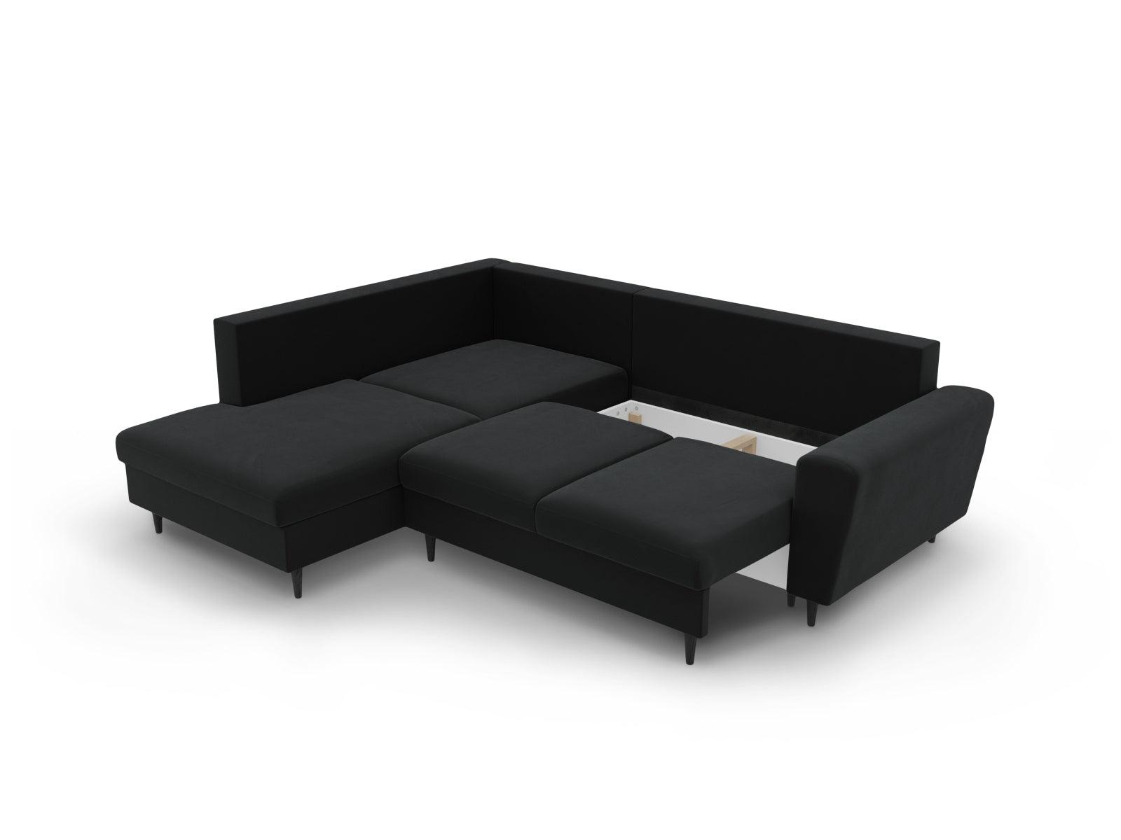 Stylisches Kyoto Velour Ecksofa in Schwarz, linksseitig, 5-Sitzer mit komfortabler Schlaffunktion und cleverem Stauraum für mehr Ordnung.