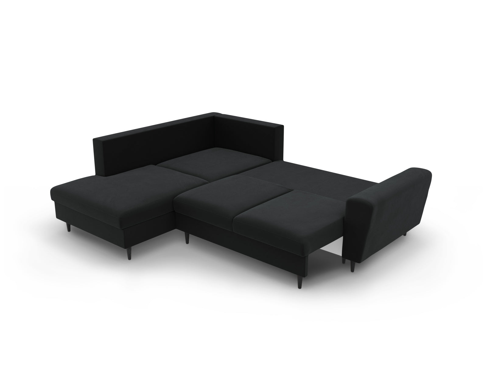Elegantes schwarzes Ecksofa Kyoto aus Velours, linksseitig, 5-Sitzer mit praktischer Schlaffunktion und integriertem Stauraum für zusätzlichen Platz.