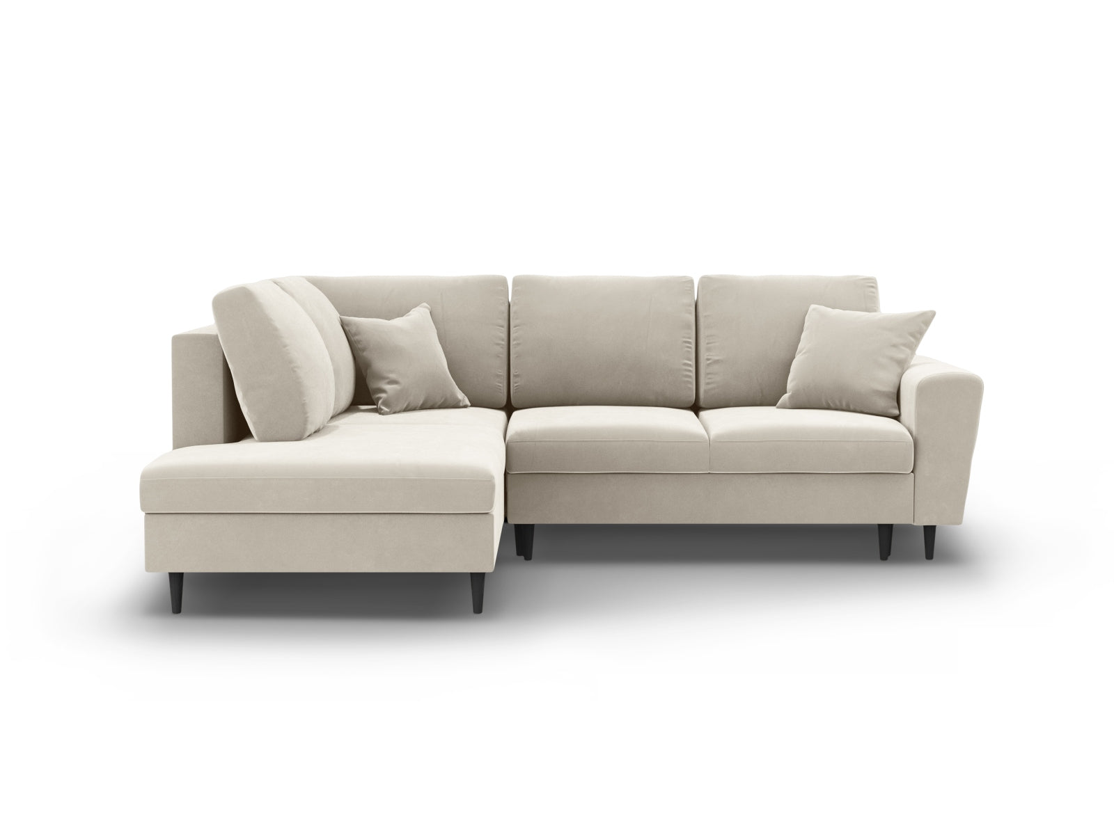 Kyoto Velour Ecksofa links mit Schlaffunktion und Stauraumbox 5 Sitzer 194cm in Light Beige/Schwarz Birke-Riviera präsentiert im Onlineshop von KAQTU Design AG. Bettsofa links ist von Cosmopolitan Design