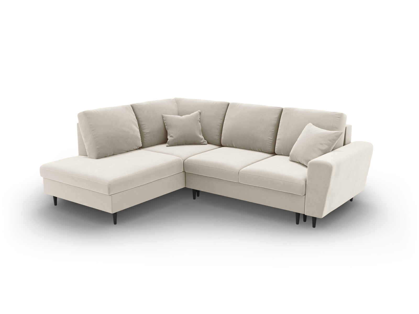 Elegantes Kyoto Velour Ecksofa in hellem Beige, 5-Sitzer mit praktischer Schlaffunktion und Stauraum, perfekt für stilvolle Wohnzimmer.