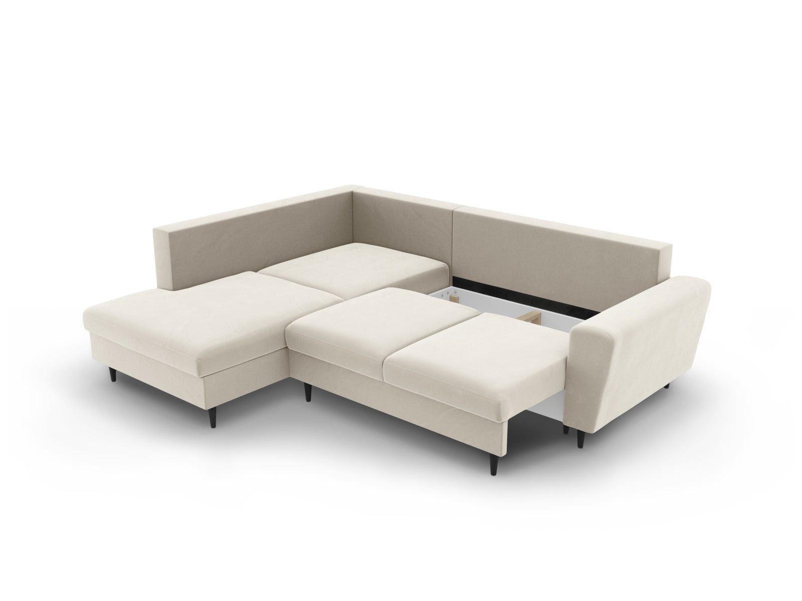 Beiges Kyoto Velour Ecksofa mit Schlaffunktion, 5-Sitzer, ideal für moderne Wohnräume, bietet zusätzlichen Stauraum und Komfort.