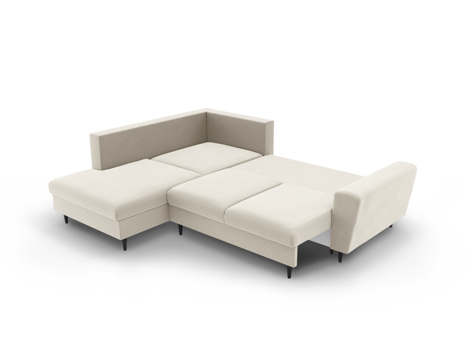 Stylisches Kyoto Velour Ecksofa links, 5-Sitzer mit Schlaffunktion und Stauraum, perfekt für gemütliche und funktionale Wohnräume.