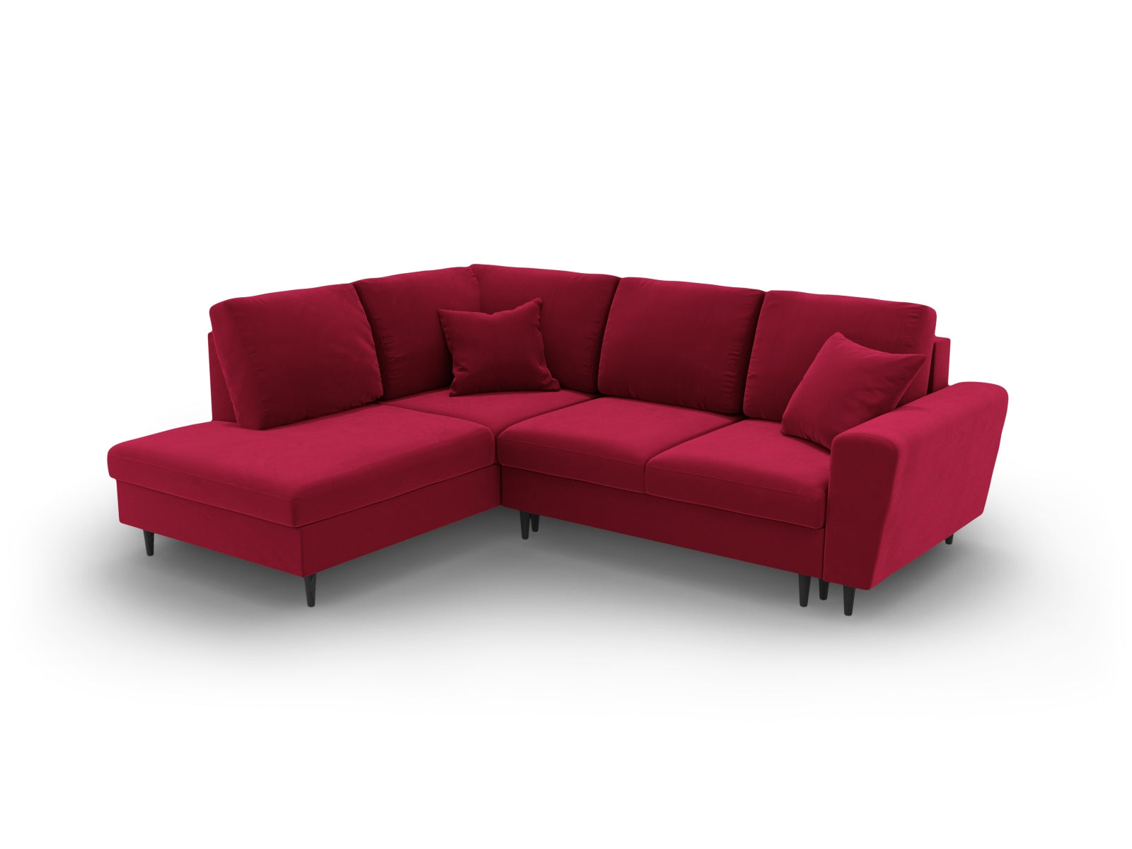Elegantes 5-Sitzer Kyoto Velour Ecksofa links in Rot und Schwarz, ausgestattet mit Schlaffunktion und praktischer Stauraumbox.