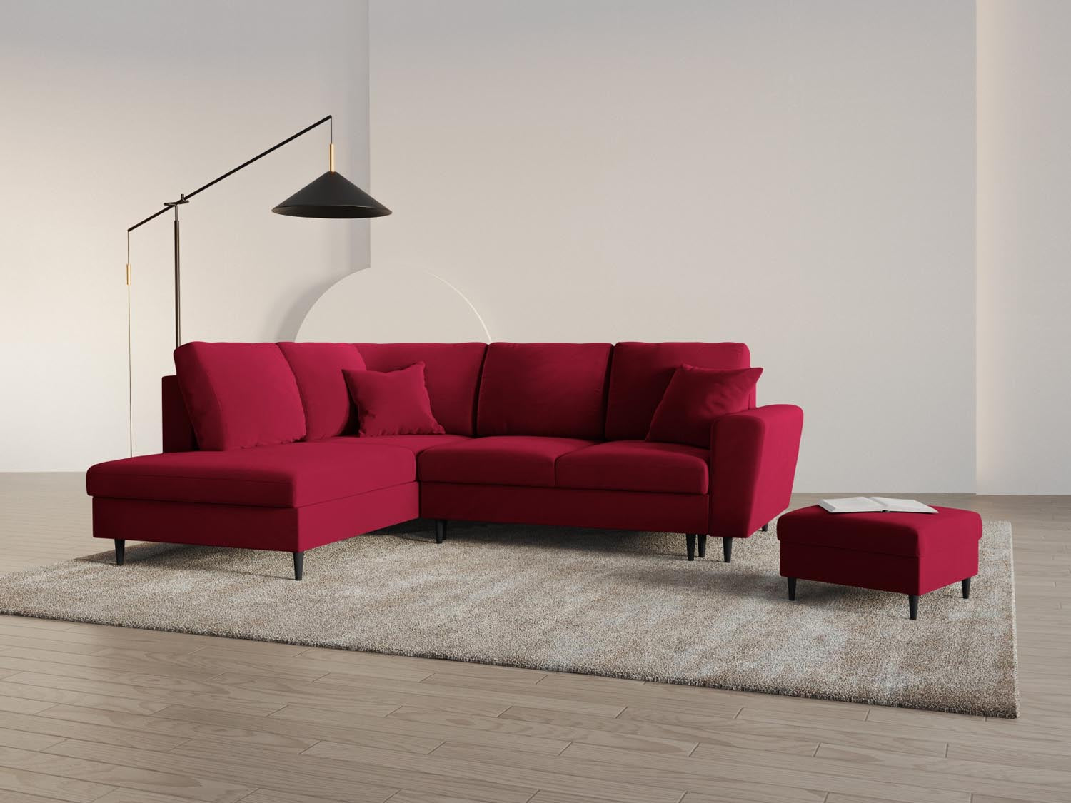 Stylisches Kyoto Velour Ecksofa links in Rot/Schwarz mit Schlaffunktion und Stauraum, ideal für moderne Wohnräume.