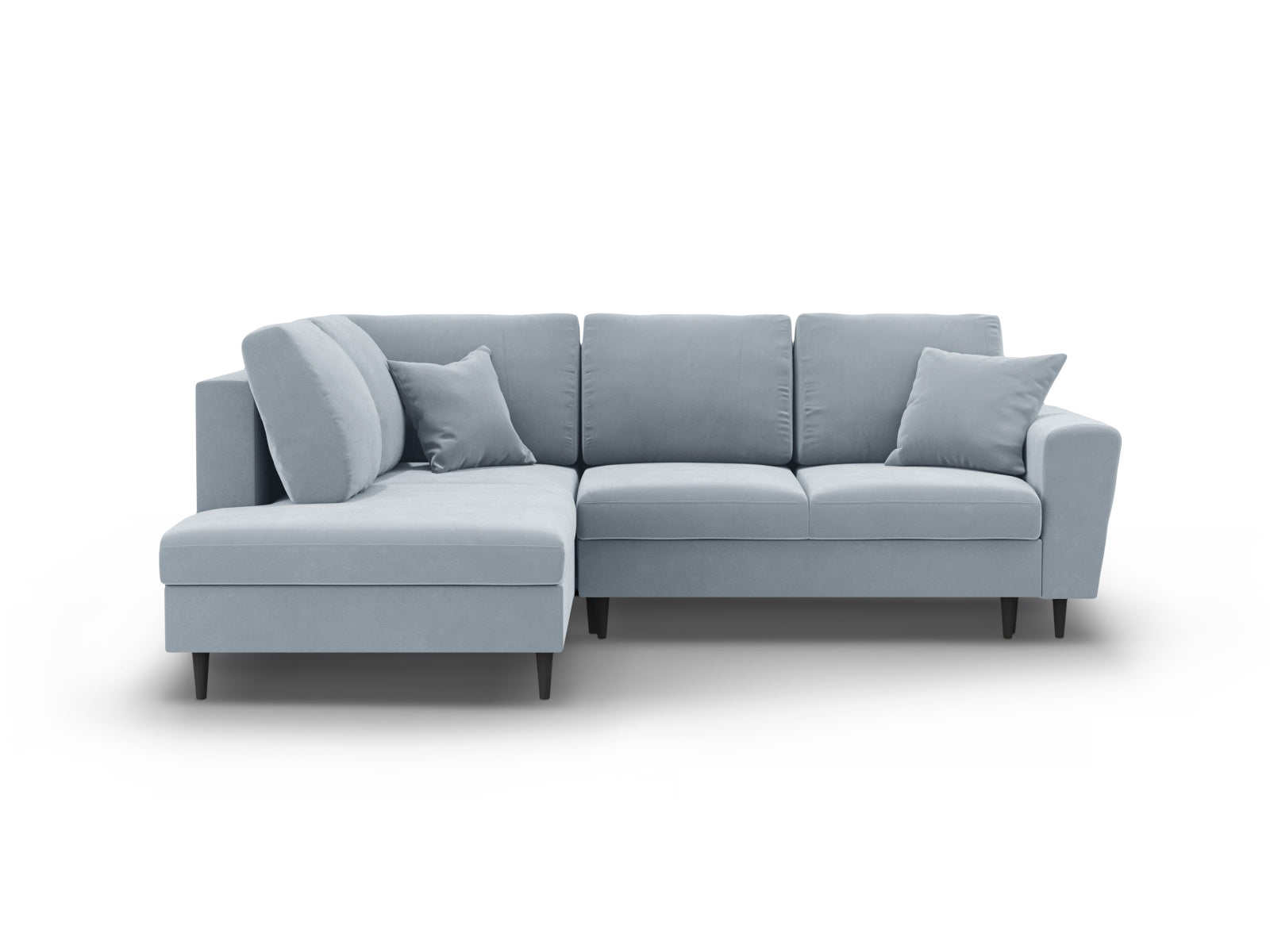 Kyoto Velour Ecksofa links mit Schlaffunktion und Stauraumbox 5 Sitzer 194cm in Light Blue/Schwarz Birke-Riviera präsentiert im Onlineshop von KAQTU Design AG. Bettsofa links ist von Cosmopolitan Design